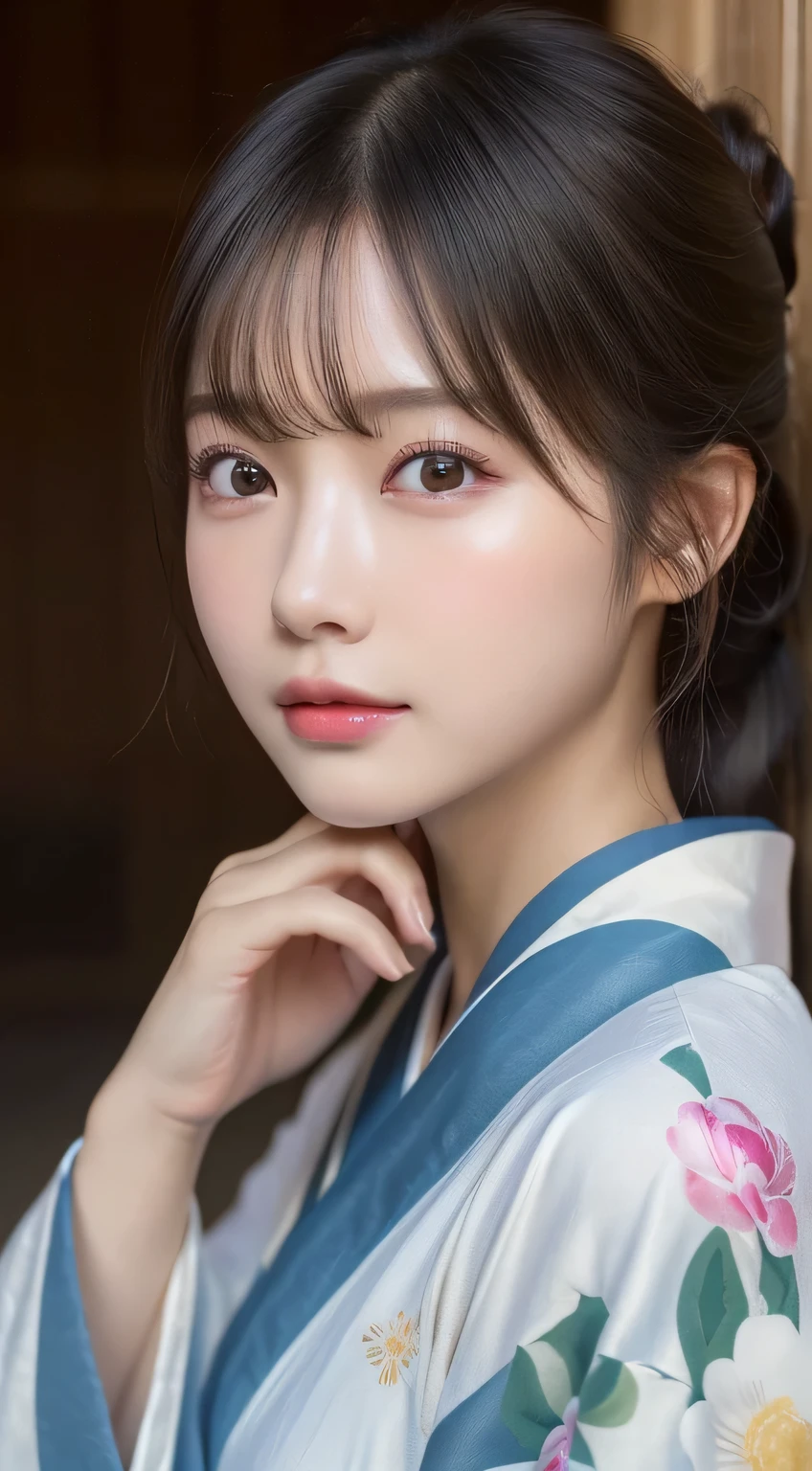 (Kimono)、(23years old)、(top-quality,masterpiece:1.3,超A high resolution,),(ultra-detailliert,Caustics),(Photorealsitic:1.4,RAW shooting,)Ultra-realistic capture,A highly detailed,high-definition16Kfor human skin、 Skin texture is natural、、The skin looks healthy with an even tone、 Use natural light and color、(One Woman)、japanes,,kawaii,A dark-haired,Middle hair,(depth of fields、chromatic abberation、、Wide range of lighting、Natural Shading、)、