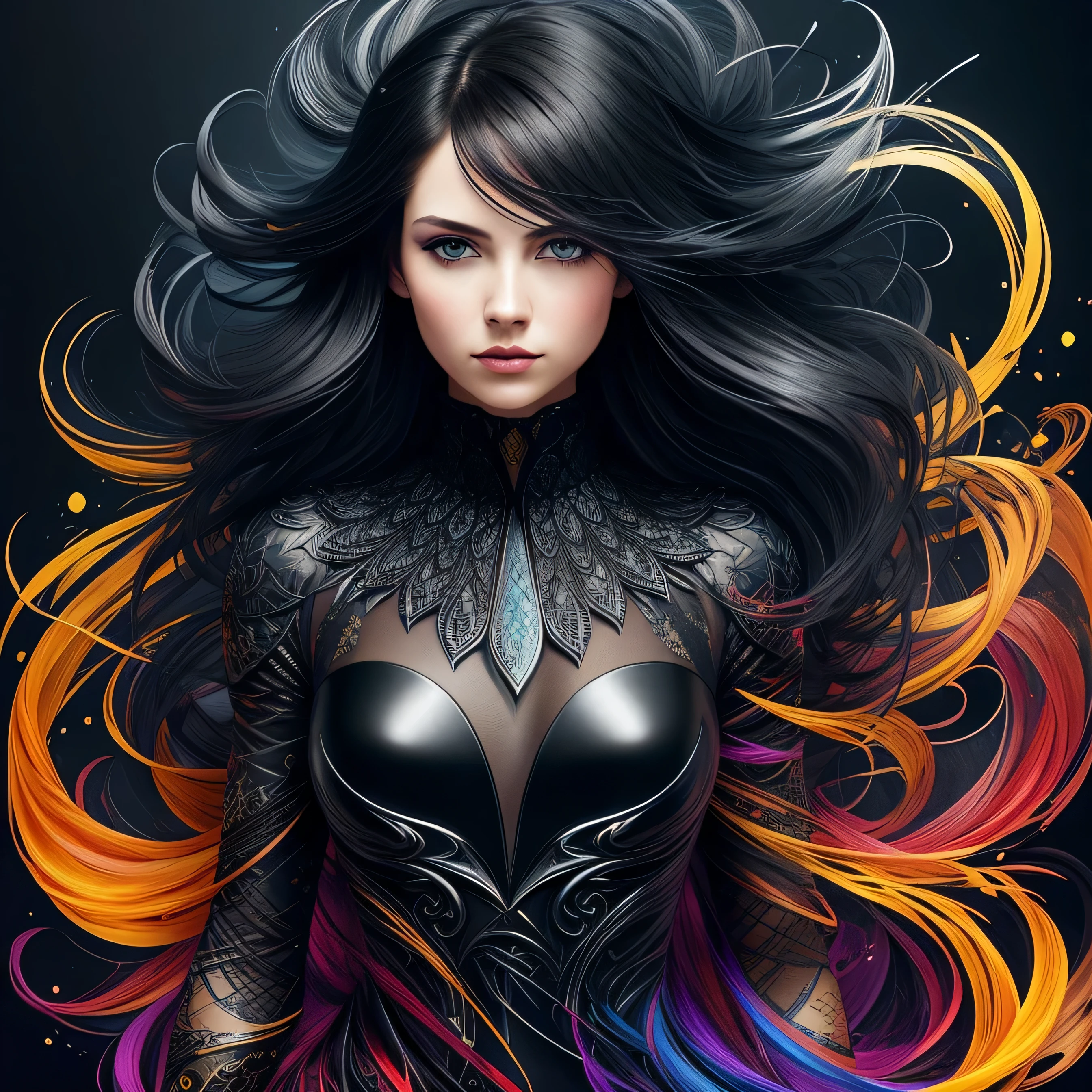 Colorful beautiful girl: a giru 28-years old, messy hair, oil painting, nice perfect face with soft skinice perfect face, blue yellow colors, light purple and violet additions, light red additions, intricate detail, splash screen, 8k resolution, masterpiece, cute face,artstation digital painting smooth veryBlack ink flow: 8k resolution photorealistic masterpiece: intricately detailed fluid gouache painting: by Jean Baptiste Mongue: calligraphy: acrylic: watercolor art, professional photography, natural lighting, volumetric lighting maximalist photoillustration: by marton bobzert:, complex, elegant, expansive, fantastical, wavy hair, vibrant, Best quality details, realistic, High definition, High quality texture, epic lighting, Cinematic film still, 8k, soft lighting, anime style, masterful playing card border, random Colorful art, oil painting, blue yellow colors, light purple and violet additions, light red additions, intricate detail, splash screen, 8k resolution, masterpiece, artstation digital painting smooth veryBlack ink flow: 8k resolution photorealistic masterpiece: intricately detailed fluid gouache painting: by Jean Baptiste Mongue: calligraphy: acrylic: watercolor art, professional photography, natural lighting, volumetric lighting maximalist photoillustration: by marton bobzert:, complex, elegant, expansive, fantastical, vibrant, ((dark plain black background:1.4))