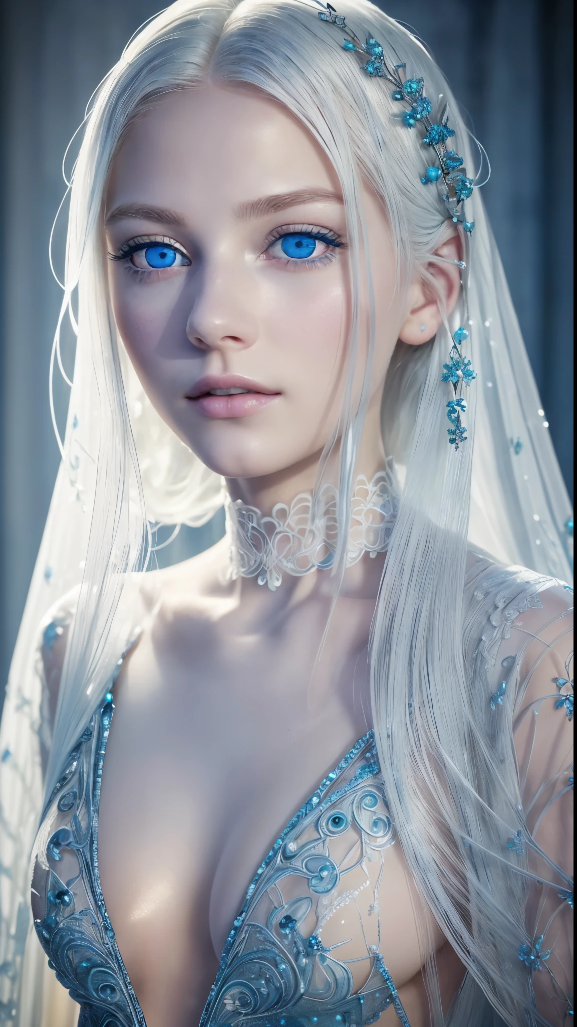 8k full body shot of beautiful white-haired 18 year old girl, (intricate, sheer, transparent, translucent,(no clothes:1.2)), intricate, beautifull face, elegant, highly detailed, digital hyperrealistic photography, hyperrealistic photography filigree, shyness, most beautyfull face, (masterpiece, sidelighting, (finely detailed beautifull blue eyes: 1.2)),