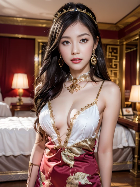 1 empress wearing a lace top, deep-breasted nightgown, Chinese-style clothes, ancient costumes with many phoenix patterns, flawless pink and white face, crowned head, hip-length black hair , very beautiful and sharp brown eyes, small red lips, painted lips, closed mouth, jewelry worn around the neck, earrings, white and even teeth, high nose, big round breasts, long legs, portrait, most realistic, highest quality, best pixels, 8k ultra , (bedroom: 1.8)