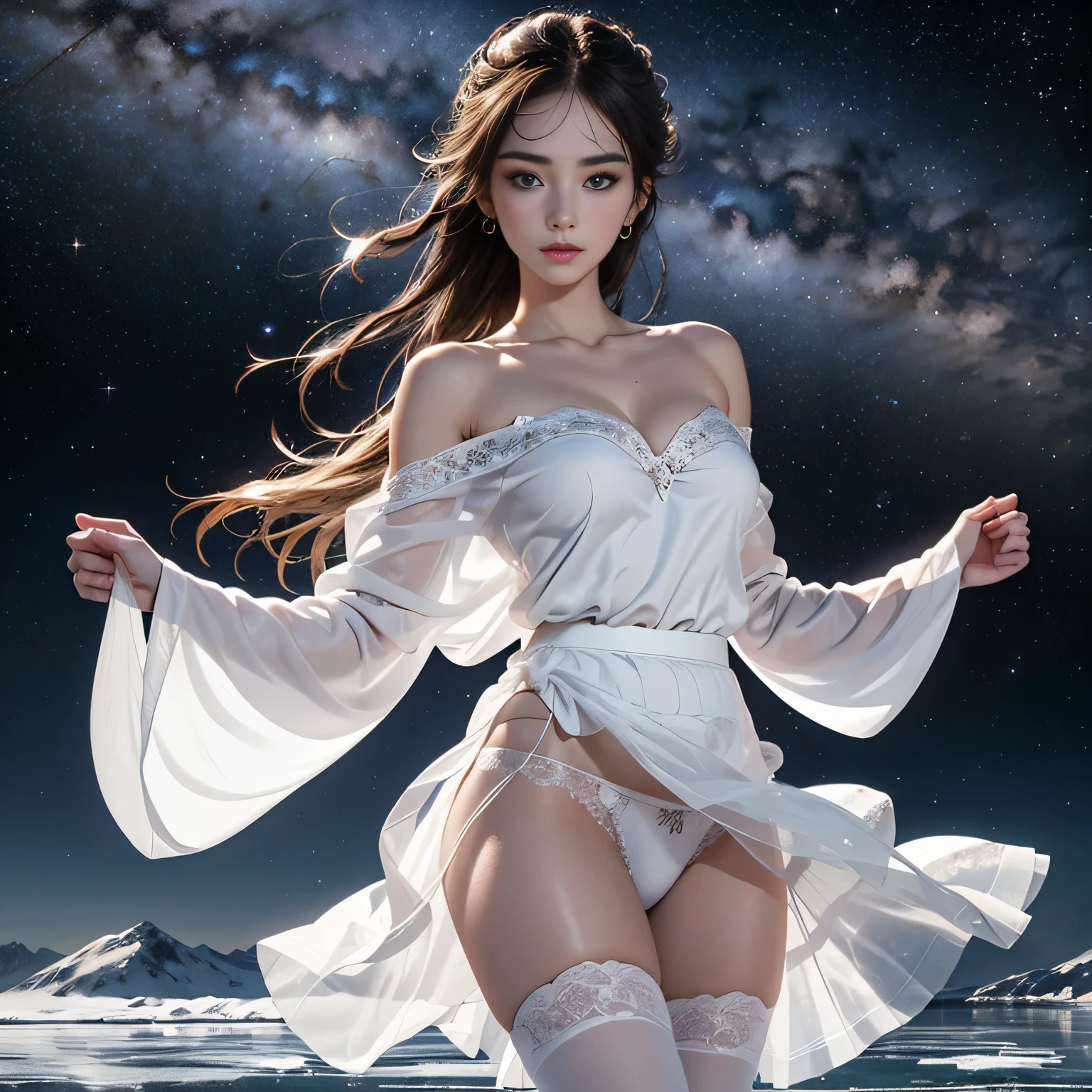 (Beautiful girl on a frozen lake covered with hoarfrost),1womanl、(Super beautiful)、(beauitful face:1.5)、(A detailed face:1.5)、(A detailed eye:1.1)、(Detailed lips:1.1)、(Detailed nose:1.1)、(Beautiful Russians)、(a blond)、(blue eyess)、(Doing figure skating)、(anatomically correct movements:1.1)、(black robes),、(White panties under the skirt:1.3)、(Bare legs:1.1)、(Dressing)、(starrysky、You can see the Milky Way)