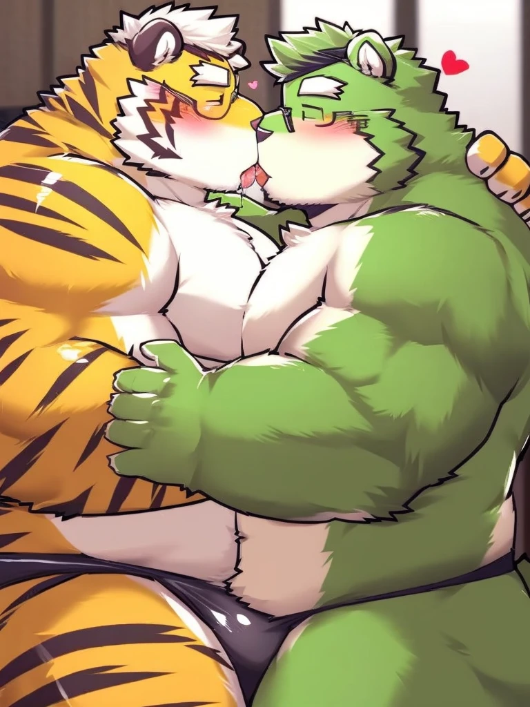 kosutora, tiger and green bear, kemono, bara, licking, duo, kissing, saliva, arm hug, portrait, full body, safe for work, sfw, big bulge,  japanese haori, <3