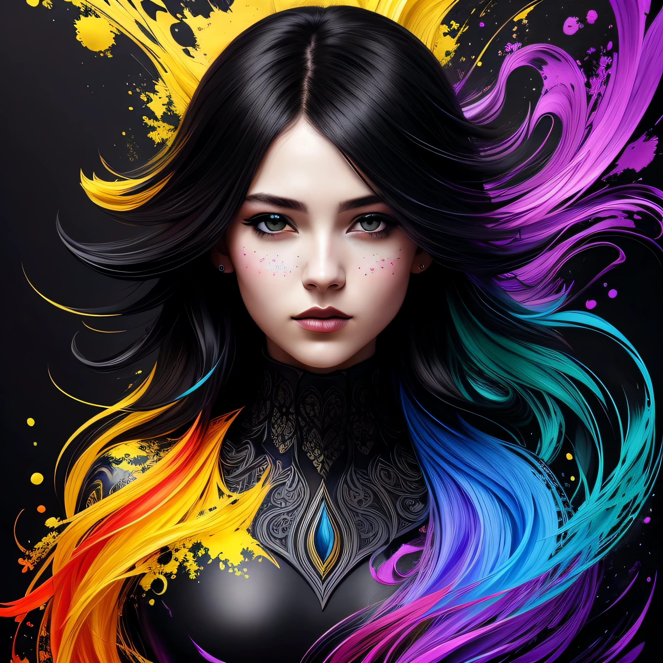 Colorful beautiful girl: a giru 28-years old, messy hair, oil painting, nice perfect face with soft skinice perfect face, blue yellow colors, light purple and violet additions, light red additions, intricate detail, splash screen, 8k resolution, masterpiece, cute face,artstation digital painting smooth veryBlack ink flow: 8k resolution photorealistic masterpiece: intricately detailed fluid gouache painting: by Jean Baptiste Mongue: calligraphy: acrylic: watercolor art, professional photography, natural lighting, volumetric lighting maximalist photoillustration: by marton bobzert:, complex, elegant, expansive, fantastical, wavy hair, vibrant, Best quality details, realistic, High definition, High quality texture, epic lighting, Cinematic film still, 8k, soft lighting, anime style, masterful playing card border, random Colorful art, oil painting, blue yellow colors, light purple and violet additions, light red additions, intricate detail, splash screen, 8k resolution, masterpiece, artstation digital painting smooth veryBlack ink flow: 8k resolution photorealistic masterpiece: intricately detailed fluid gouache painting: by Jean Baptiste Mongue: calligraphy: acrylic: watercolor art, professional photography, natural lighting, volumetric lighting maximalist photoillustration: by marton bobzert:, complex, elegant, expansive, fantastical, vibrant, ((dark plain black background:1.4))