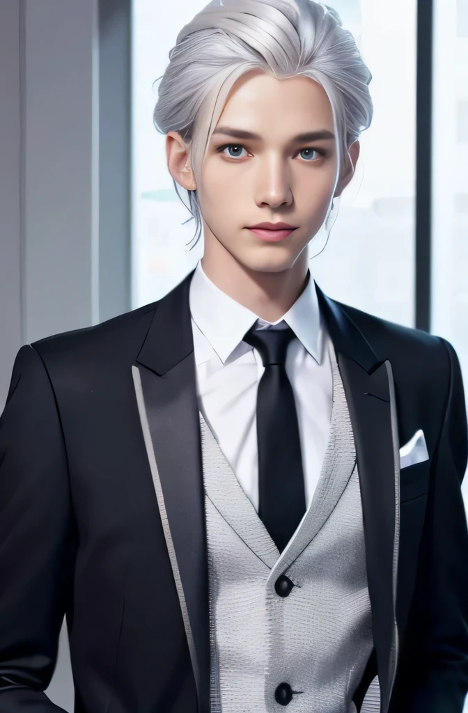 Young German with silver hair、Man's, 25 years old、In a suit、Smile、Slender figure、