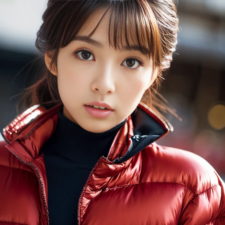 Beautiful Japanese woman. Moncler silk puffer coat. Face and torso focus. Large breasts. POV , sexy, seductive