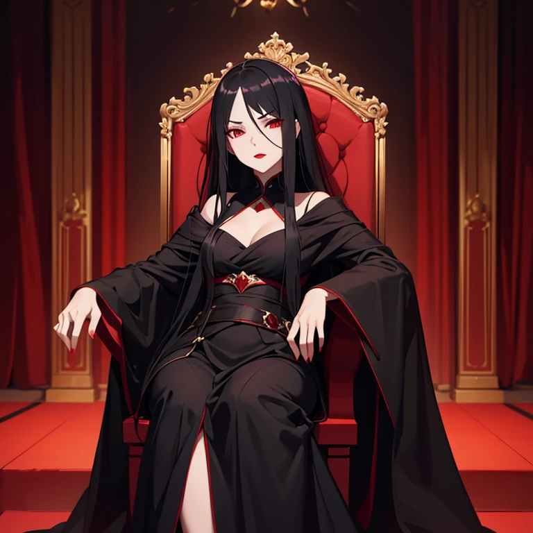 Beautiful girl with long black hair, red lips, in a black robe, sits on the throne with an evil look