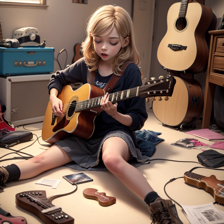 Bouche, 1fille, seulement, in a messy room, guitare,