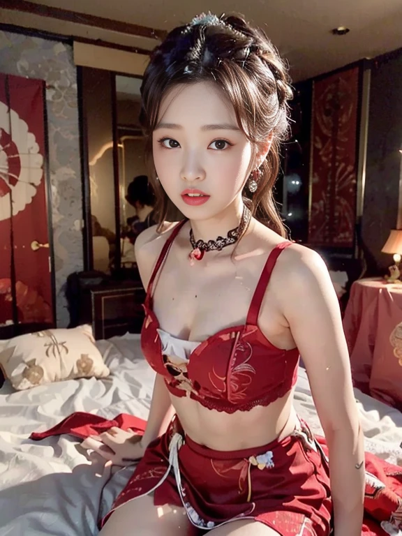 1 empress wearing a red lace top, deep-breasted nightgown, Chinese-style clothes, ancient costumes with many phoenix patterns, flawless pink and white face, crowned head, hip-length black hair , very beautiful and sharp brown eyes, small red lips, painted lips, closed mouth, jewelry worn around the neck, earrings, white and even teeth, high nose, big round breasts, long legs, portrait, most realistic, highest quality, best pixels, 8k ultra , (bedroom: 1.8)