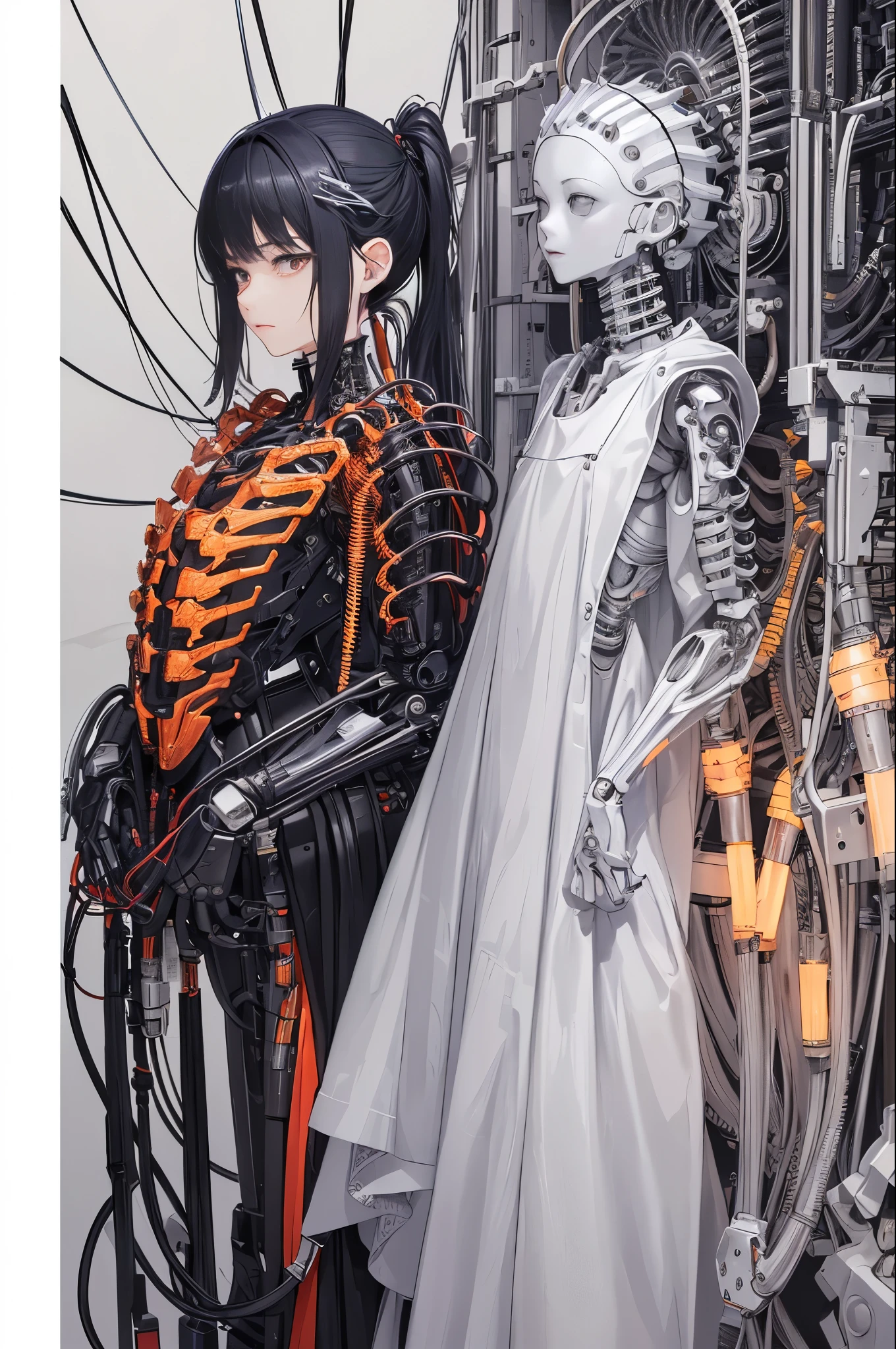 ((tmasterpiece))), (((Best quality at best))), ((ultra - detailed)), (CG illustration), ((Extremely Delicately Beautiful)),(From the side Side),电影灯光, ((1 mechanical boy)), the only person, Full body lesbian,(Machine joints:1.2),((Mechanical limb)),(The blood vessels are attached to the tube),(Mechanical spine fixed to the back),((The mechanical cervical vertebrae are attached to the neck)),(are standing),face expressionless,(Wires and cables around the neck:1.2),(wires and cables on head:1.2)(Character focus),sci-fy,Extremely fine,One color,The thinnest task completed is 30%
