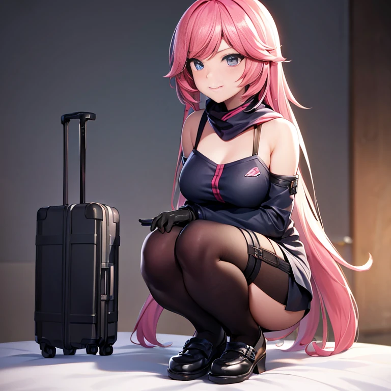 Anime girl sitting on a bed with a suitcase in the background, the Anime girl is crouching, Female protagonist 👀 :8, beautiful Anime girl squatting, De Girls Frontline, seductive Anime girl, female Anime character, Anime. softlighting, 4k Anime wallpaper, Guweiz sur Pixiv Artstation, badass Anime 8 k, aussi