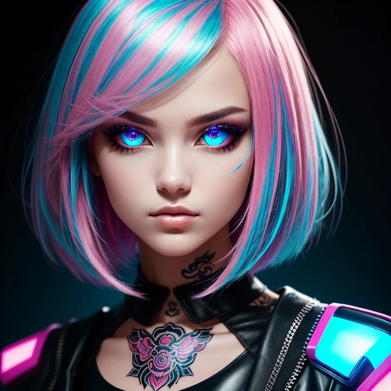 This pretty girl with bright, synthography-style eyes has short, vibrant hair, carefully styled in tons of pastel blue and pink. Her intense gaze is underscored by her multi-colored irises, which seem to illuminate the atmosphere. Her skin is smooth and translucent, with slight futuristic elements incorporated, like small glows on your face. Ela uses a soft makeup, with subtle neon touches that enhance your captivating expression. Her style is bold and avant-garde, with clothes that mix technological elements and a retro touch, like a metallic dress and holographic boots. An aura of creativity and curiosity surrounds, turning into an inspiring figure in the world of art and technology, (master part), high quality, 1girl, Woman, tattoo, Irezumi, depth of field, dynamic lighting, high quality shadows, white hair