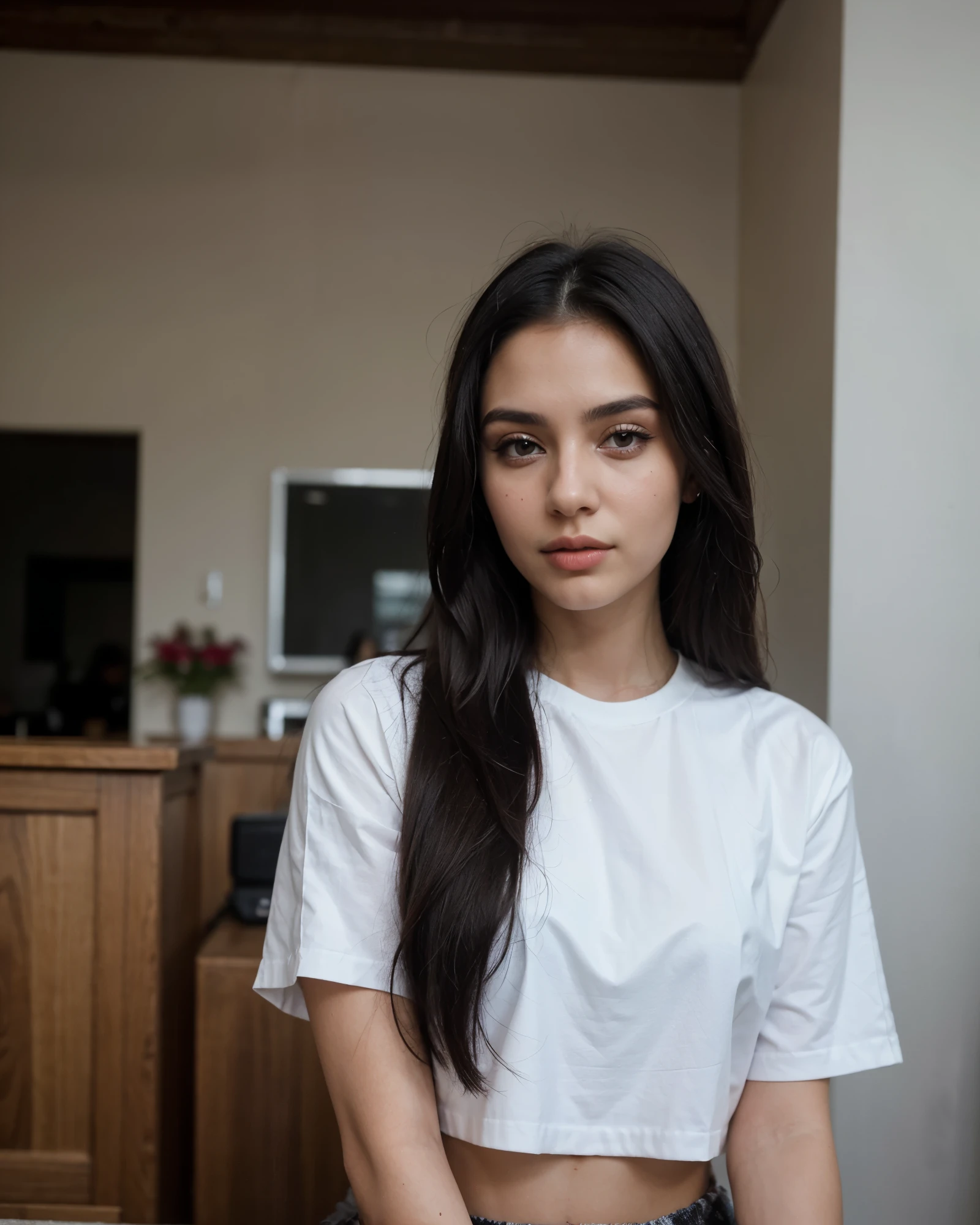 1girl called Renata Samaa Duha Wibke, 19 years old with long black hair, wearing attractive outfits, instagram model, 80mm, aesthetic, realism, instagram model picture