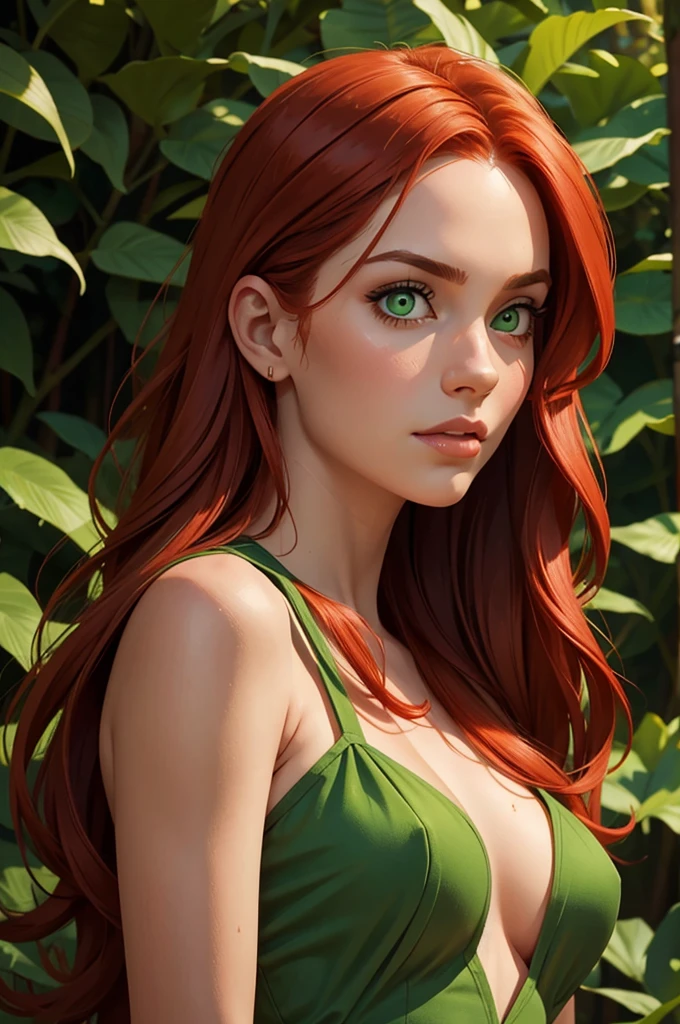 Best Quality, Masterpiece, (Realist: 1.2), Red-haired Woman, Green Eyes, Archer, In the Forest, Shadows and Lights, Detailed Face, Beautiful Eyes, Uncovered Chest, Open Mouth, War Paintings, Love Gaze