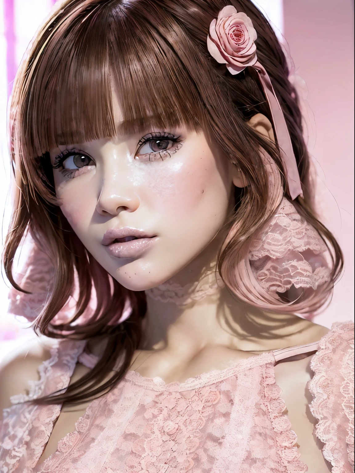 (masutepiece:1.Phototriaritic:1.37), (fashion modell, 20yr old), ((Glamour, Paparazzi taking pictures of her), (super elaborate, luxury nightwear), with perfect body, super fine face and eyes, (Light makeup, [[pink lipsticks]], eye line), ((view the viewer)), (Large Full Breasted:1.8), Attention to detail, Double eyelids, Wear off-the-shoulder tops, full body Esbian, (((bright dark short ((highly detailed side swept bangs))), ((Brown eyes)), 16 K, nffsw, Extremely detailed, Warm and voluminous lighting, (Pink lace:1.58)