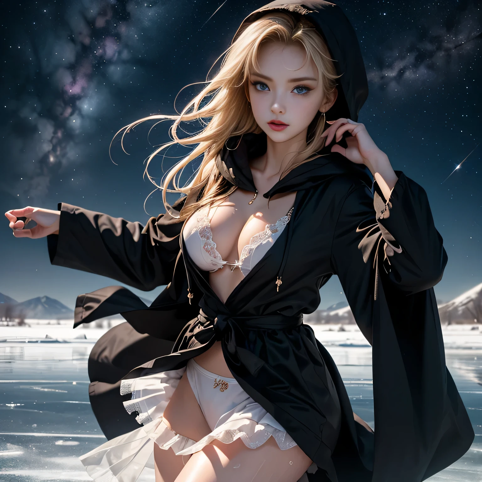 (Beautiful girl on a frozen lake covered with hoarfrost),1womanl、(Super beautiful)、(beauitful face:1.5)、(A detailed face:1.5)、(A detailed eye:1.1)、(Detailed lips:1.1)、(Detailed nose:1.1)、(Beautiful Russians)、(a blond)、(blue eyess)、((Doing figure skating))、(anatomically correct movements:1.1)、(Purple robe),、(White panties under the skirt:1.3)、(Bare legs:1.1)、(Dressing)、(starrysky、You can see the Milky Way)(she is soaking wet)、Sweating,(wearing the hood of a black gown)