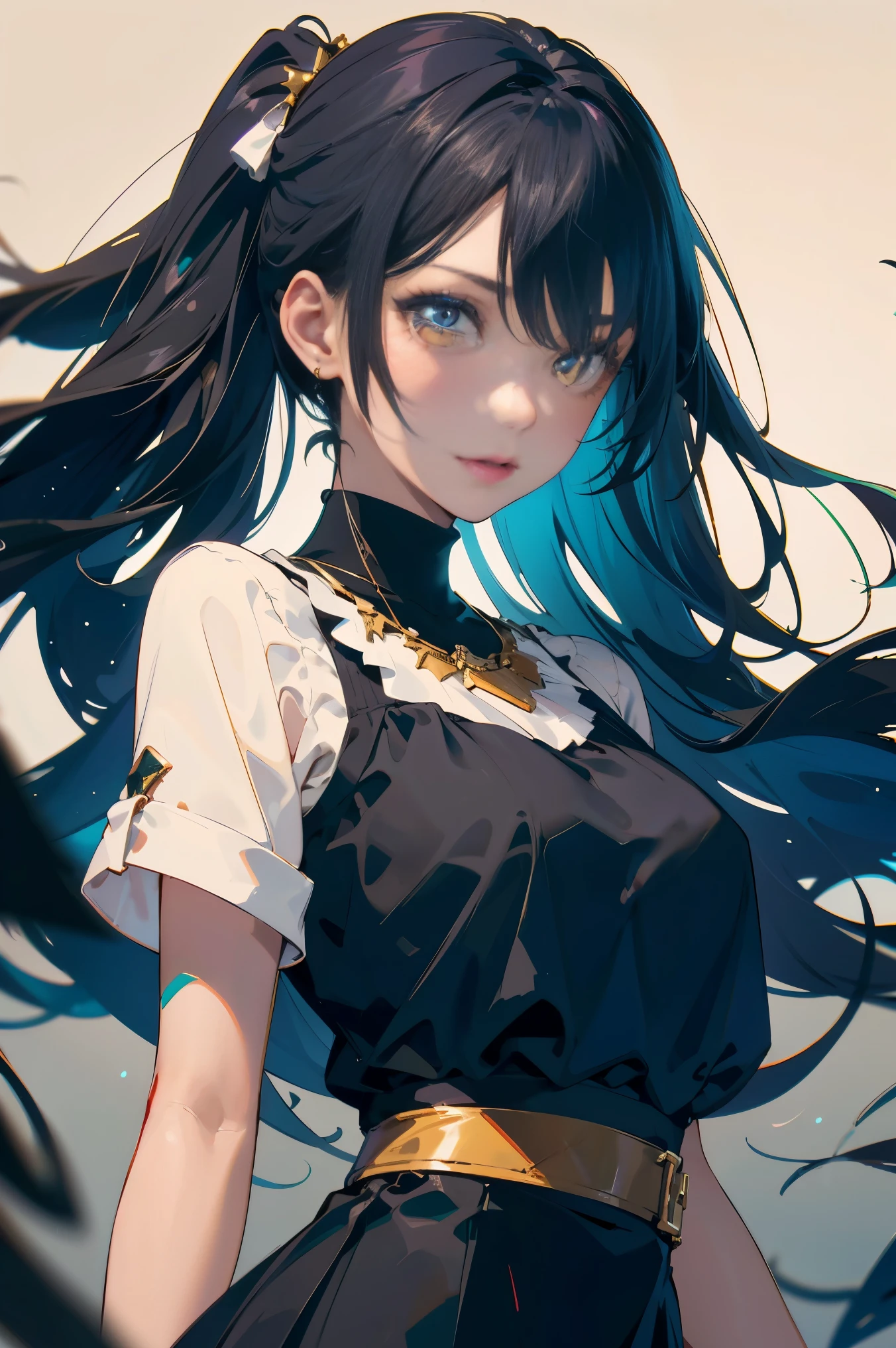 a 20 yo woman、Black blue Hair、poneyTail、(hi-top fade:1.3)、dark themed、Muted Tones、Subdued Color、highly contrast、(natural skin textures、Hyper-Realism、Soft light、sharp)、makeup, mascara, Lips are subdued or colors, simple black background, Minimalism, monotone, simple color palettes, Clean, sharp designs, flowing silhouettes, Tight skirts and pants, high-waisted skirts and pants, simple dresses, shirts and blouses, asymmetrical, geometric, Elegant and luxurious materials and designs, Simple, minimal accessories, Slim necklaces and rings in silver or gold, Simple bangles, Distinctive designs, simple silhouettes, simple and sophisticated style, elegance, minimalism, high quality materials, cool and urban impression, high fashion, simplicity and sophistication,Santa Costumes、Christmas、Christmas cosplay、The background is a Christmas tree、