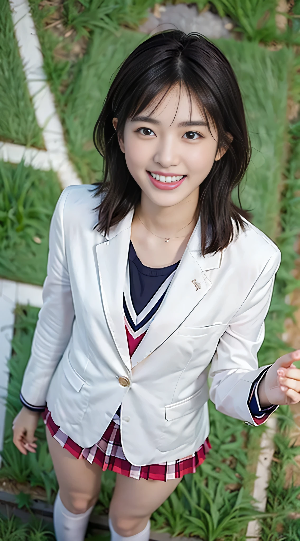 top-quality、Photorealsitic、8K、hight resolution、女の子 1 人、((Laughing with white teeth))、blazers、((No bra))、((White sheer panties、Pubic hair is visible))、((school mat、blazers,))、((hi-school girl))、((Looking down from above:1.3))、((Skirt opens))
