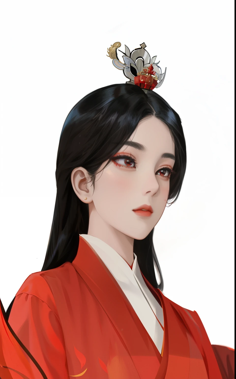 Close-up of woman wearing red dress and crown, inspired by Sim Sa-jeong, Inspired by Wang Meng, inspired by Qiu Ying, inspired by Li Mei-shu, Inspired by Zhou Fang, Inspired by Lü Ji, inspired by Lan Ying, Inspiration from Zhang Sengyao, inspired by Jeong Seon, Inspired by Ju Lian