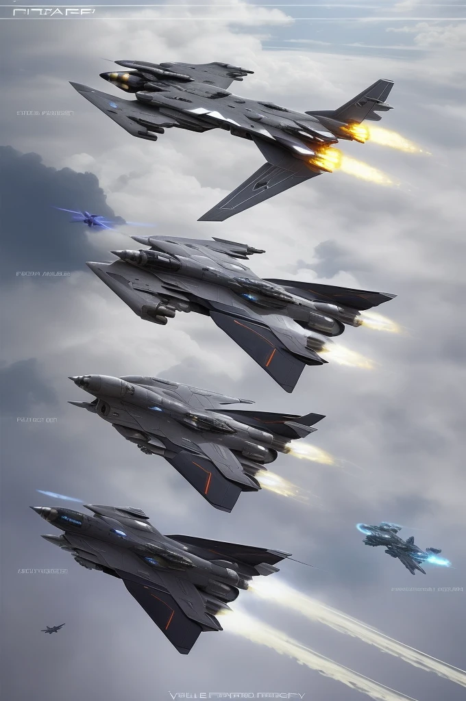 arafed jet fighter jets flying in formation in the sky, valkyrie fighter jet, lockheed concept art, futuristic spaceships, spaceship concept art, high tech spaceships, spaceship design, flying scifi vehicle, viktor antonov concept art, neofuturistic highly detailed, spaceships in the cloudy sky, star citizen concept art, tomcat raptor hornet falcon, spaceships flying