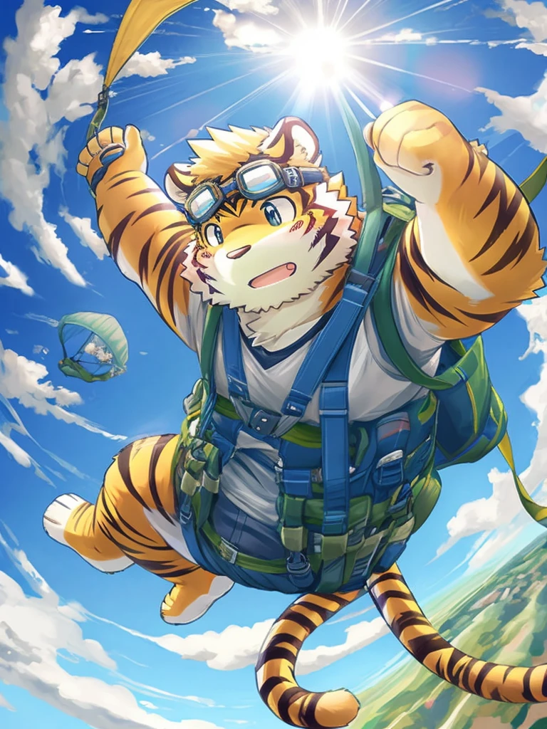 masterpiece, best quality, kosutora, furry, tiger, solo, parachute, backpack, expansion, goggles, folded ears, dynamic angle, midair, sky, cloud, detailed background, blue sky, sunlight, (airplane:0.5),