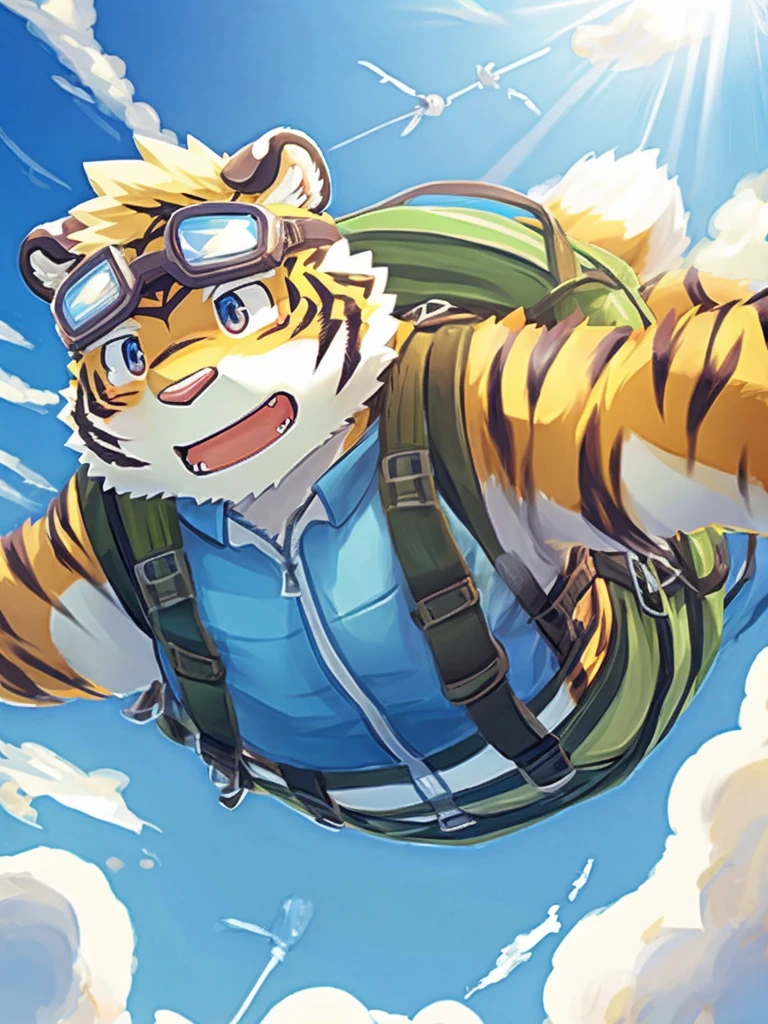 masterpiece, best quality, kosutora, furry, tiger, solo, parachute, backpack, expansion, goggles, folded ears, dynamic angle, midair, sky, cloud, detailed background, blue sky, sunlight, (airplane:0.5),