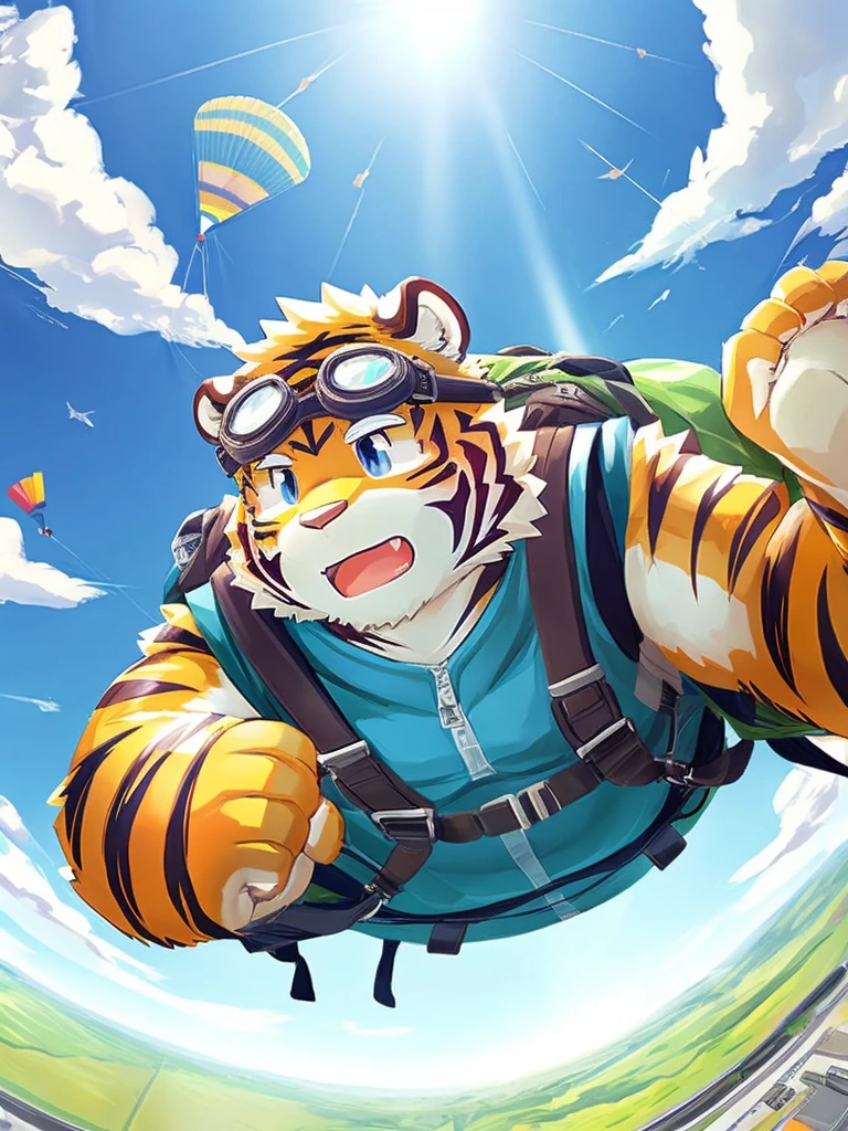 masterpiece, best quality, kosutora, furry, tiger, solo, parachute, backpack, expansion, goggles, folded ears, dynamic angle, midair, sky, cloud, detailed background, blue sky, sunlight, (airplane:0.5),