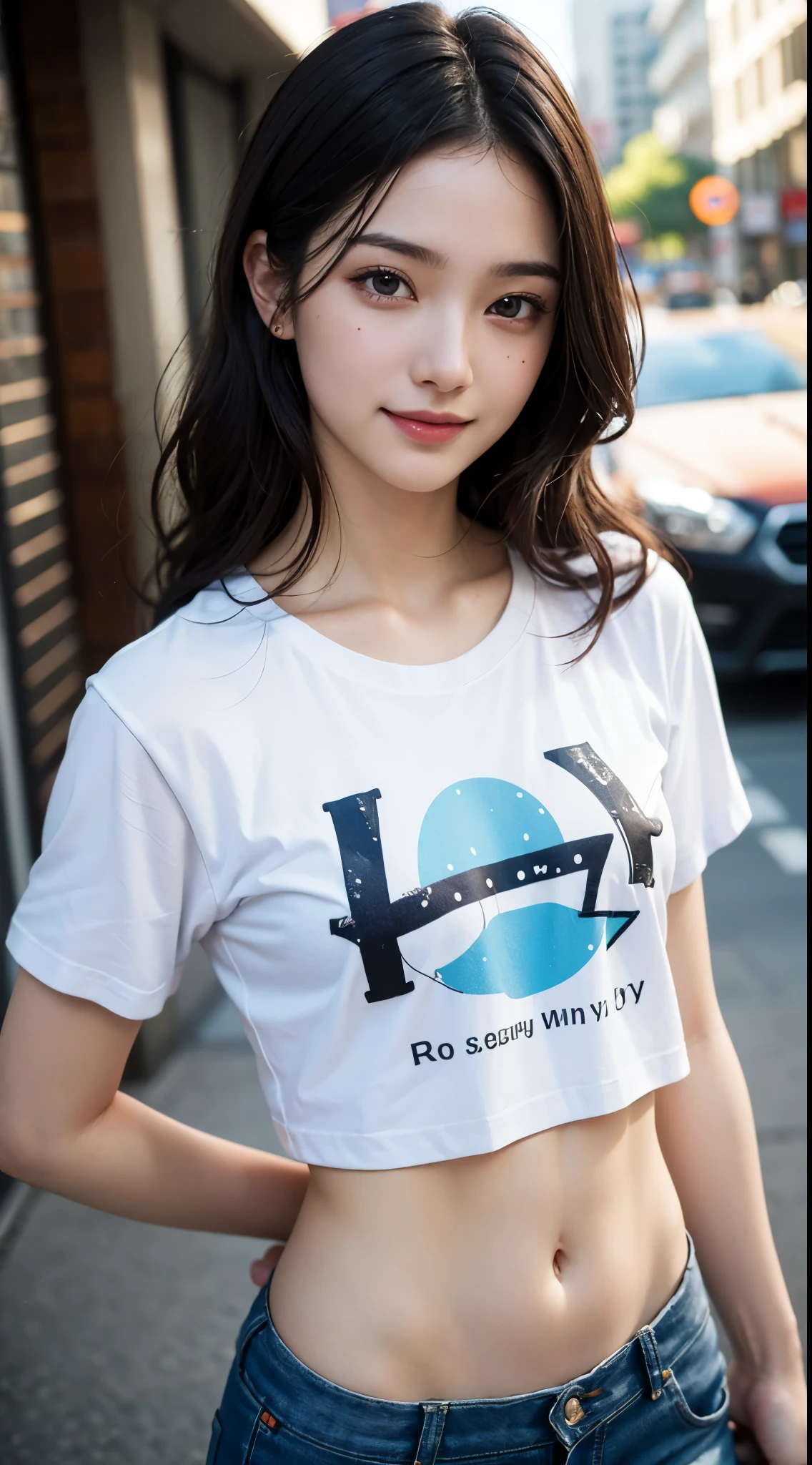 Best Quality, masutepiece, 超A high resolution, (Photorealistic:1.4), Raw photo, 1girl in, KーPOP Idol, Fluffy curly hair,A crowded street in early summer,Detailed eyes,(realisticeyes),delicated face,realsKin,detailed hairs,Detailed sKin,Beautiful face,Smiling、beautiful hair decoration、a smile、Painful looK、((Small size T-shirt))、Navel Fashion、Silver Accessories、