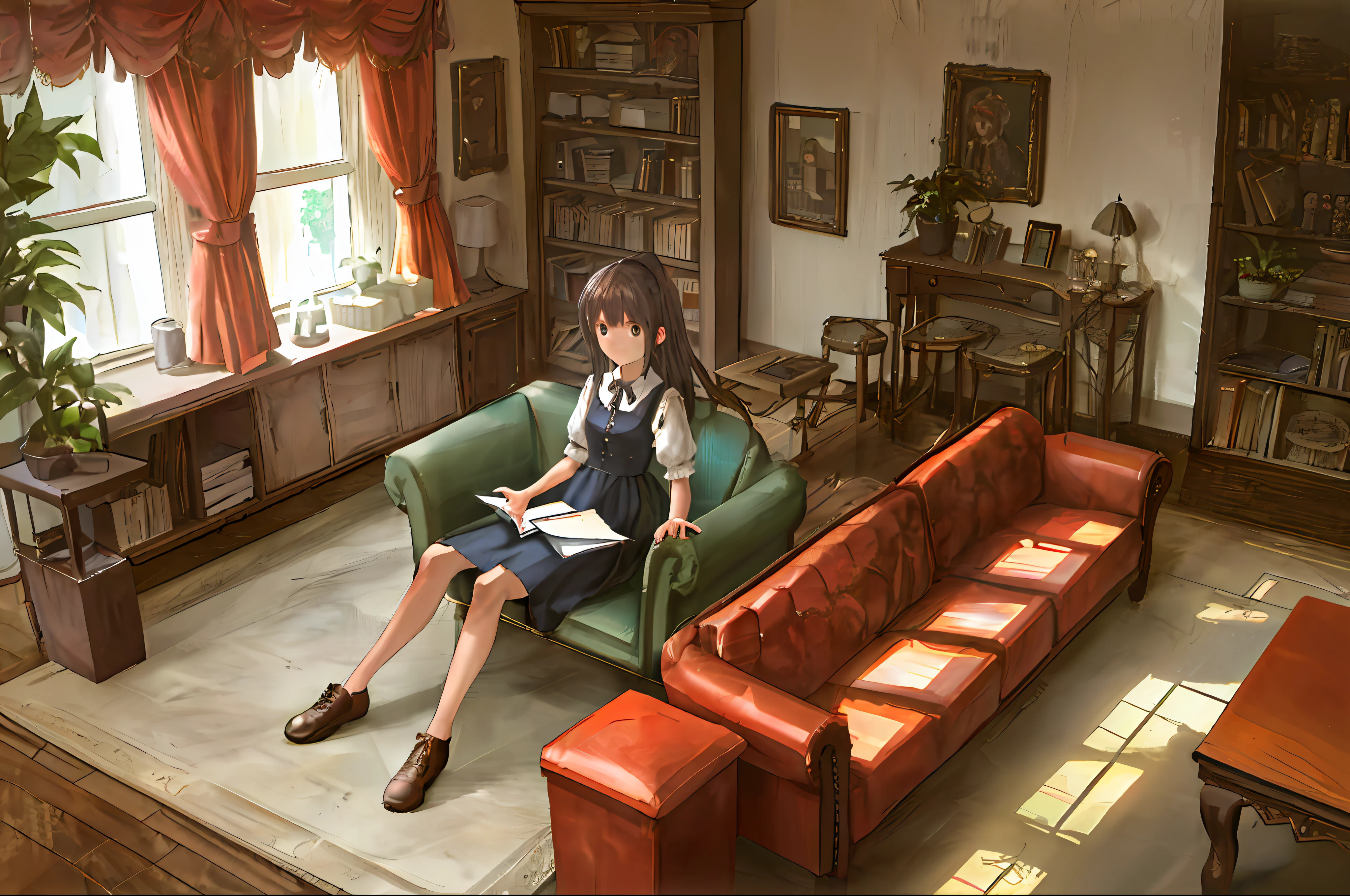 living room, couch, window, curtains, dappled sunlight, potted plant, table, cabinet,bookshelf, paper, desk lamp, typewriter, girl sitting on sofa