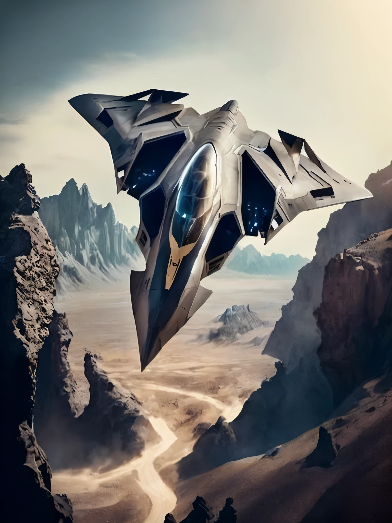 arafed jet flying over a desert landscape with a dirt road, valkyrie fighter jet, lockheed concept art, star citizen digital art, star citizen concept art, futuristic in the desert, flying scifi vehicle, jet fighter, cyberpunk concept inspired jet, spaceship in a dry river bed, star citizen, star citizen origin 100i, 5th gen fighter, fighter jet