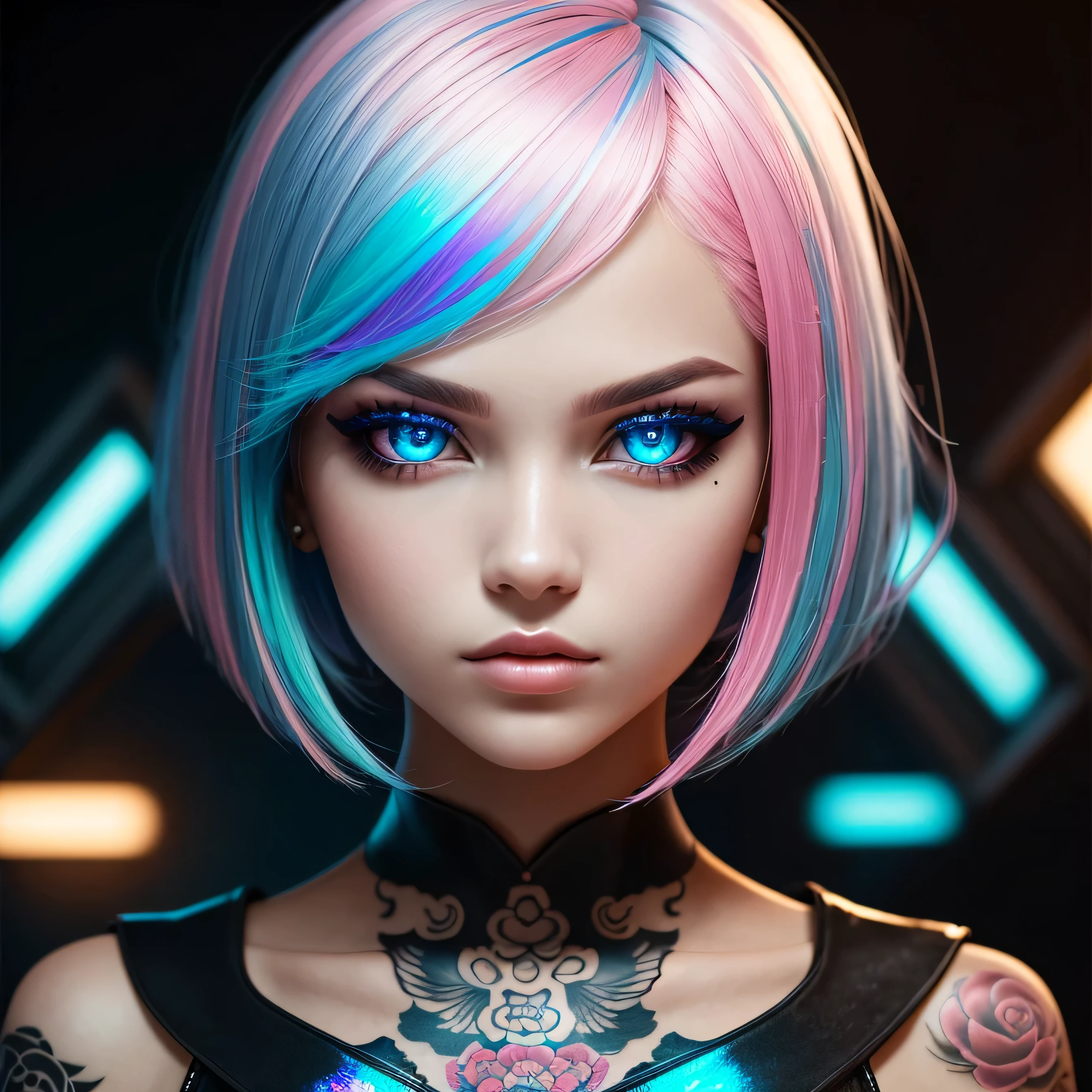 This pretty girl with bright, synthography-style eyes has short, vibrant hair, carefully styled in tons of pastel blue and pink. Her intense gaze is underscored by her multi-colored irises, which seem to illuminate the atmosphere. Her skin is smooth and translucent, with slight futuristic elements incorporated, like small glows on your face. Ela uses a soft makeup, with subtle neon touches that enhance your captivating expression. Her style is bold and avant-garde, with clothes that mix technological elements and a retro touch, like a metallic dress and holographic boots. An aura of creativity and curiosity surrounds, turning into an inspiring figure in the world of art and technology, (master part), high quality, 1girl, Woman, tattoo, Irezumi, depth of field, dynamic lighting, high quality shadows, white hair