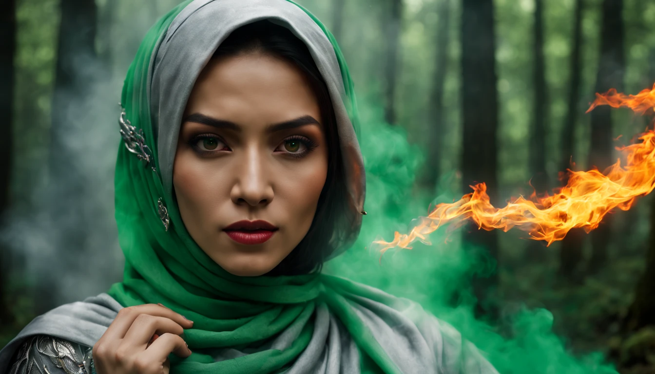 Shot of Sony FX30 35mm. "Zoom on body in motion portrait. Casting elctric green & fire magic in fog smoking forest. A beautiful hijabi Malay Women with silver outfit with green & red fire on her hands. with ancient shining lighting necklace. Long gray hijab, silver laces with silver rings sweeping in wind motion, broad shoulders. Calm face, , thin brows over her eyes reflecting fire. Background with Big Dragon Fury. Some elements blurred in motion. Scene from fantasy movie. Special effects scene --ar 17:8 --style raw --stylize 300 " --v 6