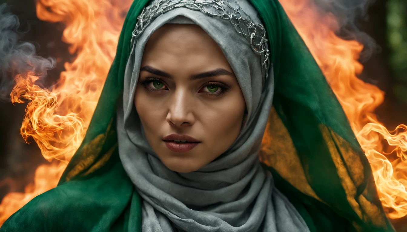 Shot of Sony FX30 35mm. "Zoom on body in motion portrait. Casting elctric green & fire magic in fog smoking forest. A beautiful hijabi Malay Women with silver outfit with green & red fire on her hands. with ancient shining lighting necklace. Long gray hijab, silver laces with silver rings sweeping in wind motion, broad shoulders. Calm face, , thin brows over her eyes reflecting fire. Background with Big Dragon Fury. Some elements blurred in motion. Scene from fantasy movie. Special effects scene --ar 17:8 --style raw --stylize 300 " --v 6