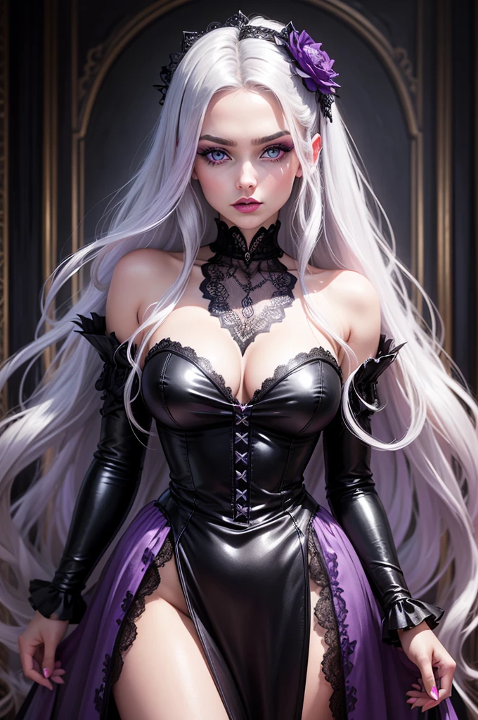 A glossy photo of young British woman posing for magazine,gothic style, long silver hair,photorealistic, high fashion, high detailed, high light, wearing a tulle -lace purple /fuchsia color dress, decorated with black diamonds,full lips, big ocean blue eyes, metallic gothic makeup