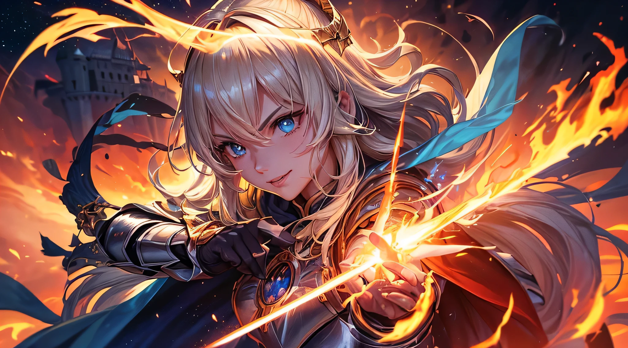 masutepiece,Best Quality,ultra-detailliert,(1 Female Knight),(Equip a glowing sword),(equip a cloak),(rage:0.6),(Smile:0.9),upperbody shot,Blonde hair,Long hair,Blue Eye,Straight hair,(Floating hair),(loimu:1.4),(Sunrise),(((castle))),(Sparkling night view),(cosmic vortex),(((Powerful Pose))),(explosions:1.2),(Full lips:1.3),(A sparkling spectacle)