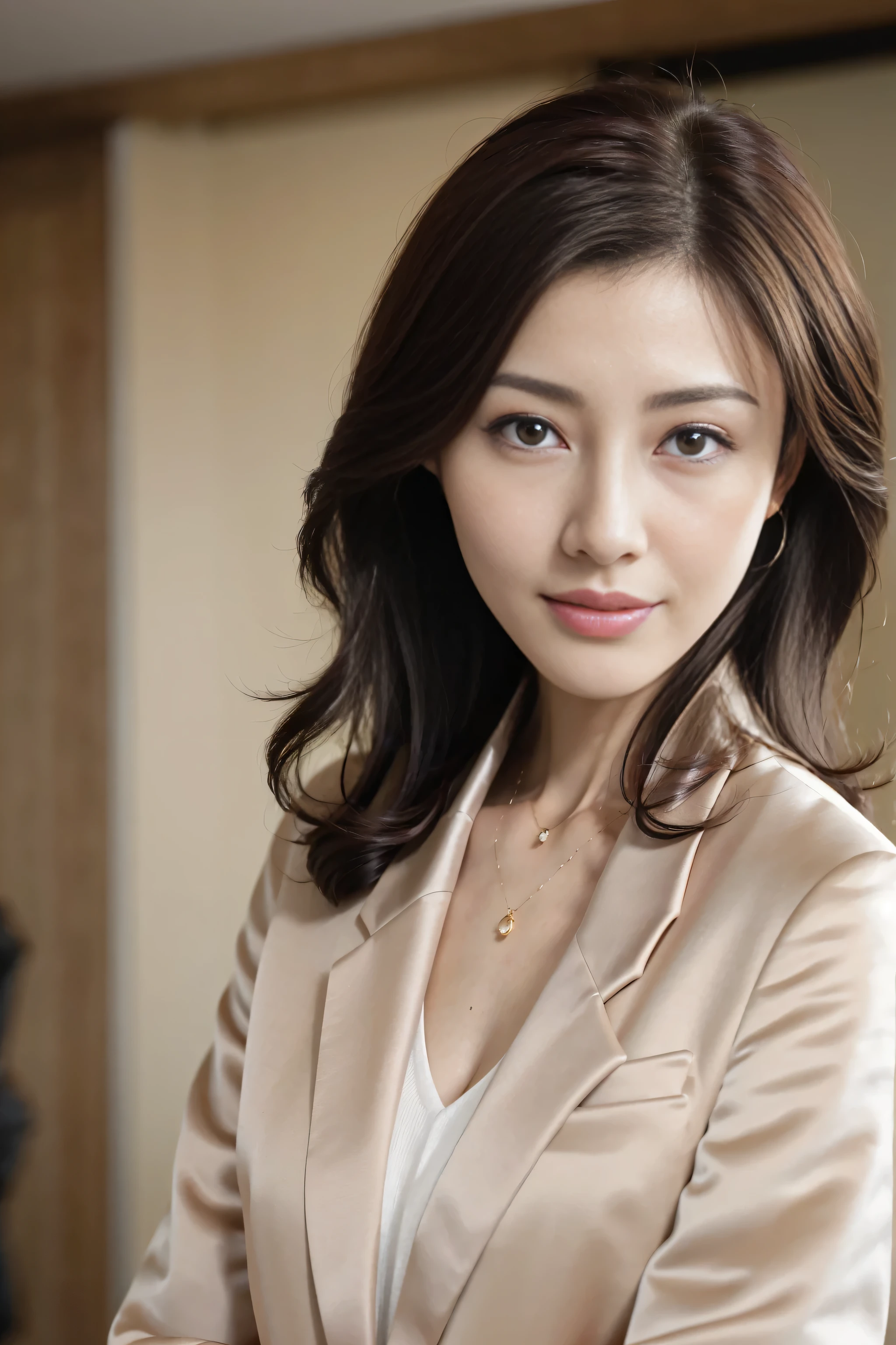 On a table, Best quality, realistically, ultra - detailed, detailed, A high resolution, 8k wallpaper, 1 Beautiful woman,, light brown messy hair, dressed in a suit, lock focus, Perfect dynamic composition, beautidful eyes, Delicate hair, 细致realistically的皮肤纹理, Smiling, closeup portrait, Model body type