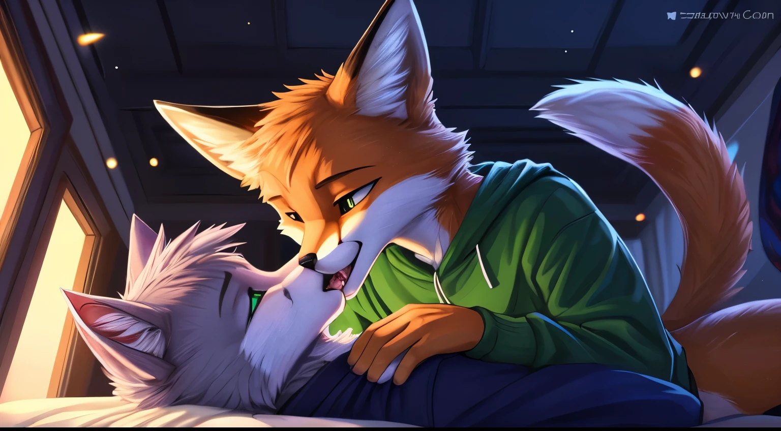 (vertical view:1.5), assisted exposure, explict content, uploaded on e621, (extremely detailed:1.3), 2boys, 2species duo, (duo focus:1.2), (kissing:1.3), (furry body), (male:1.5), (a lot of fur), (emotional:1.4), (leaning against object:1.4) furry, fox with yellow fur, cat with gray fur, hand holding couple, cat kissing fox, femboy, (causal exposure:1.6), (fur:1.7), 2boys, cat, inside a room, sparkles, teeth, open mouth, hug tightly, Masterpiece, best quality, passionate kiss, fox kissing with a cat, detailed lighting, detailed body, detailed fur, detailed, high stockings, fox with green sweatshirt, cat with purple sweatshirt, by Zackary911,