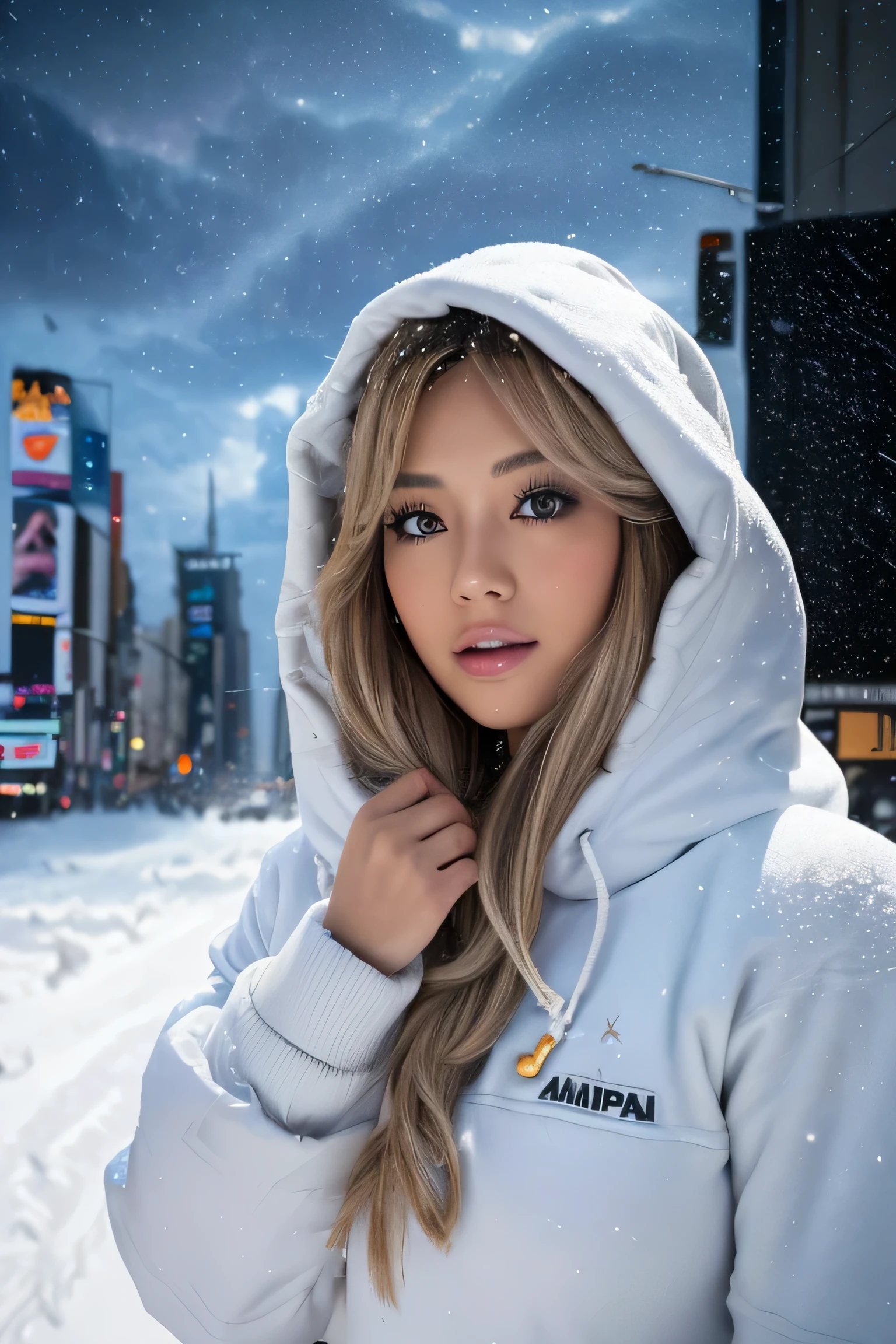 masutepiece:1.2), ultra-detailliert, 超A high resolution, (Realistic, photo Realistic:1.37), high-definition RAW color photography, professional photograpy, extra detailed face, extremely detailed eye, highlydetailed skin, extremely detailed fingers, highly detailed nose, highly detail mouth, Perfect Anatomy, Highly detailed background, (a famous actress of Japan:1.2), (gals:1.3), (flat chest), Brown race, Dark skin, Very short cut hair, shadowy, hair messy, Full body, padded jacket, White hoodie, snow in my hair, (Snow in the sky:1.6), Hoodie on the head, Cinematic lighting, New York's Times Square on New Year's Eve,