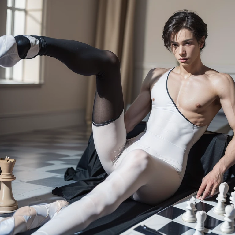 (masterpiece, best quality, 4k, photo, beautiful eyes, male ballet tights, male crotch bulge, looking at viewer:1.35), (androgynous male, chess ballet, checkmate, white king lost, you won and will castrate him now:1.5)