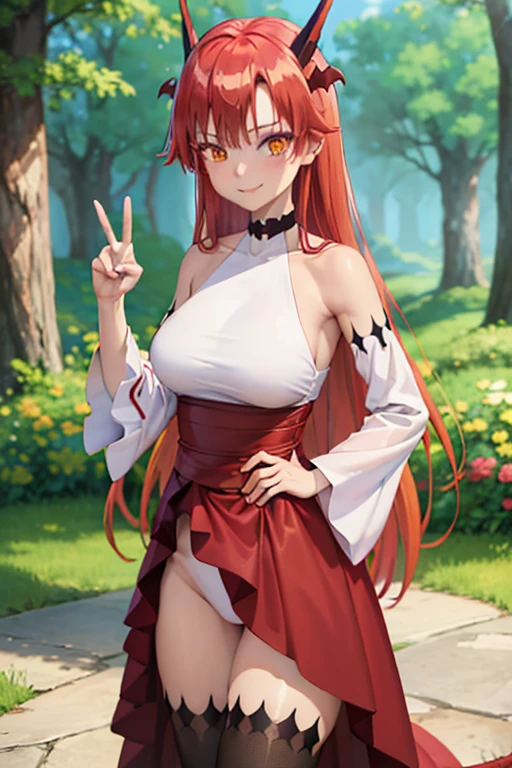 (best quality:1.1), (masterpiece:1.4), (absurdres:1.0), cowboy shot,
1girl, tania, KizukiAi, dragon girl, dragon horns, red hair, orange eyes, large breasts, long hair, collar, white top, (long red skirt:1.2), detached sleeves, thighhighs, dragon tail, looking at viewer, oudoors, forest, (blush:1.1), (smile:1.2), peace sign,