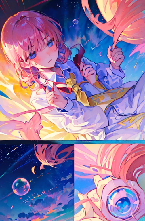 Cute as a dream、a pale, (masterpiece、top-quality、top-quality、watercolor paiting(Curly)、Take a cute cat、Official art、Beautifully Aesthetic:1.2)、(a beauty girl:1.atterns、Soap bubbles、Rainbow behind、clouds、colourfull、Hair spreads throughout、kawaii、pastels、Large ribbon、Lovely room、Wallpapers, poster, fruit, (several fresh cherries), moist, summer, blue sky, white clouds, HD Detail, Moist Watermark, Ultra Detail, Movie, Hyper Realism, Soft Light, Deep Focus Bokeh, Ray Tracing, --niji 5. crystal, fantasy, galaxy, transparent, shimmering, sparkling, splendid, colorful, magical photography, dramatic lighting, Ichika Nakano, short pink hair, blue eyes, nakano_ichika, collared white shirt slightly umbuttoned, Heart, iridescent, cute, crystal, love, blushing, sweet expression, blue sky, iridescent clouds, pastels, dark starry sky, neat lineart, cute, tender, lovely, cozy, sweet