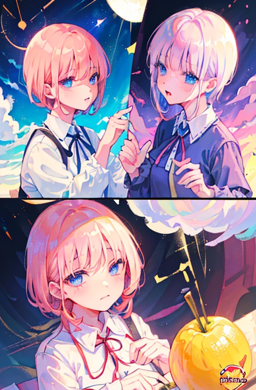 Cute as a dream、a pale, (​masterpiece、top-quality、top-quality、watercolor paiting(Curly)、Take a cute cat、Official art、Beautifully Aesthetic:1.2)、(a beauty girl:1.atterns、Soap bubbles、Rainbow behind、​​clouds、colourfull、Hair spreads throughout、kawaii、pastels、Large ribbon、Lovely room、Wallpapers, poster, fruit, (several fresh cherries), moist, summer, blue sky, white clouds, HD Detail, Moist Watermark, Ultra Detail, Movie, Hyper Realism, Soft Light, Deep Focus Bokeh, Ray Tracing, --niji 5. crystal, fantasy, galaxy, transparent, shimmering, sparkling, splendid, colorful, magical photography, dramatic lighting, Ichika Nakano, short pink hair, blue eyes, nakano_ichika, collared white shirt slightly umbuttoned, Heart, iridescent, cute, crystal, love, blushing, sweet expression, blue sky, iridescent clouds, pastels, dark starry sky, neat lineart, cute, tender, lovely, cozy, sweet