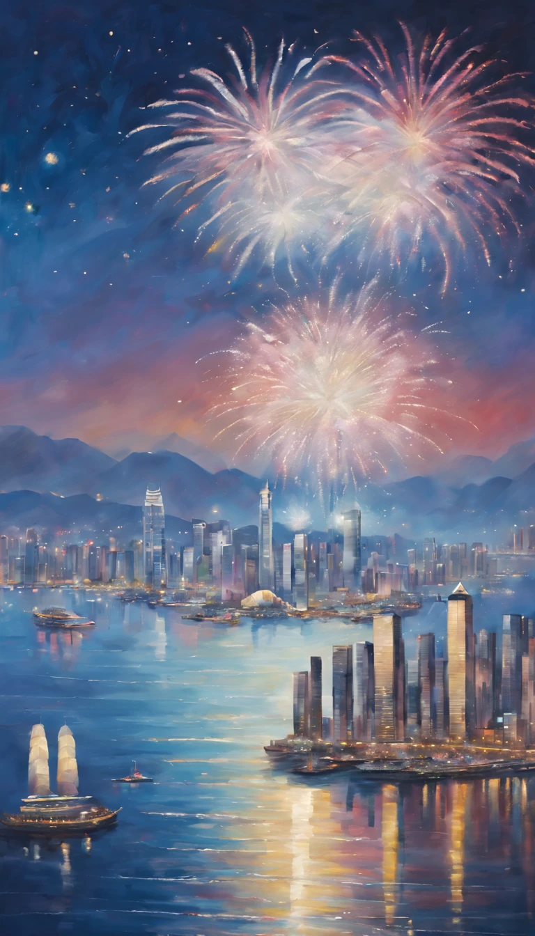 wide wide shot,Expansive night sky,new year,(oil painted): Victoria Harbor night view,Sparkling reflections dance on the water,Gleaming skyscrapers lining the harbor,Spectacular fireworks display,Soft shadows and highlights,