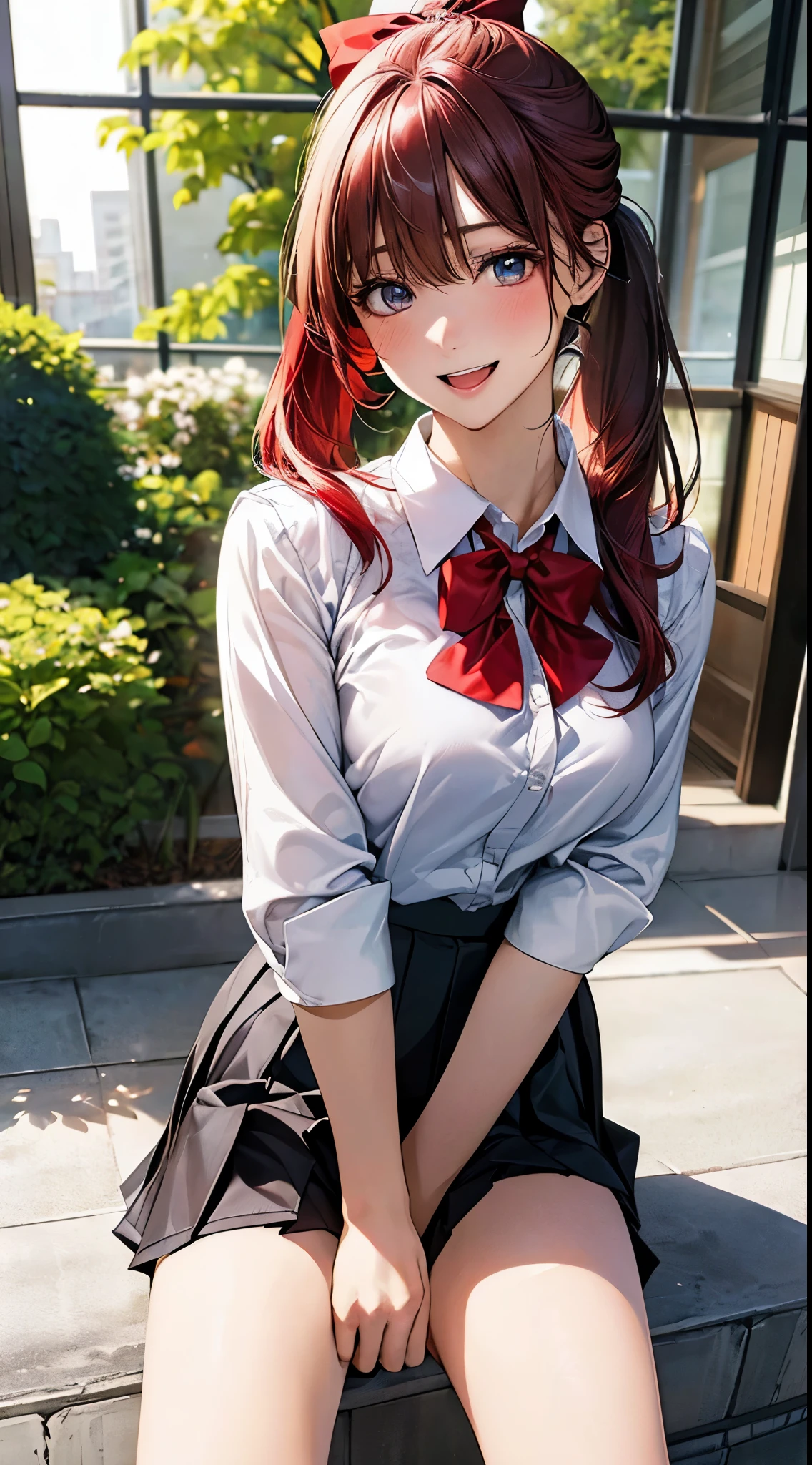 (masterpiece:1.2, top-quality), (realistic, photorealistic:1.4), beautiful illustration,
looking at viewer, full body, front view:0.6,
1 girl, japanese, high school girl, (long hair:1.5, ponytail:1.5, silver hair), bangs, hair between eye, blue eyes, large breasts:0.8,
beautiful hair, beautiful face, beautiful detailed eyes, beautiful clavicle, beautiful body, beautiful breasts, beautiful thighs, beautiful legs,
(beautiful scenery), , school,
((collared shirt, white shirt, pleated skirt, red bow tie, red hair ribbon)), white panties,
(standing, spread legs, peace sign),
smile:1.5, open mouth,
