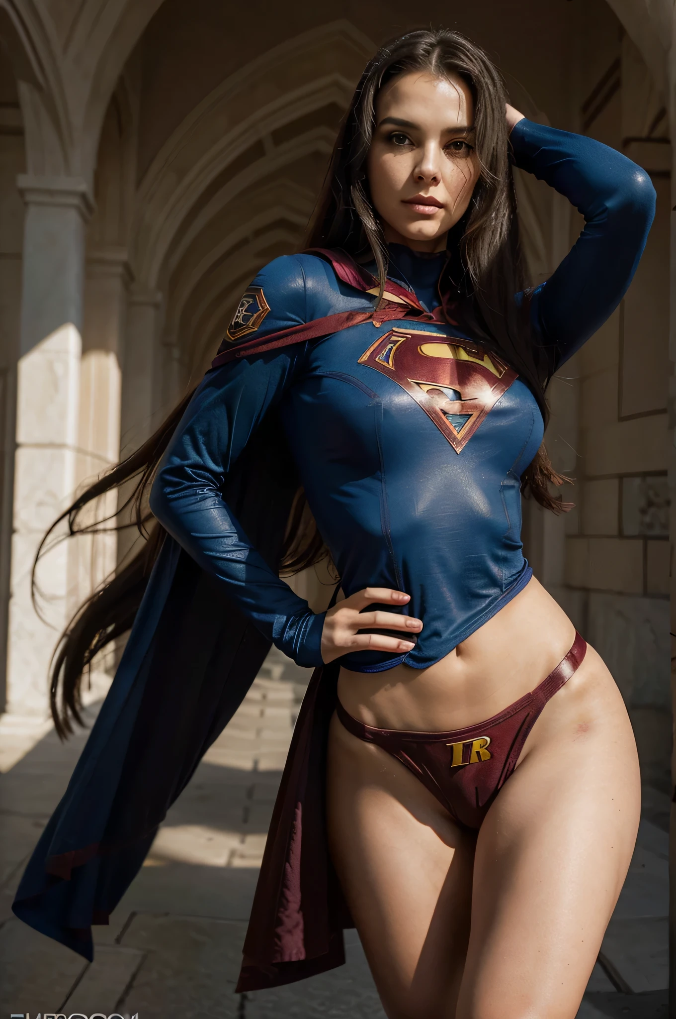 The fusion of Morticia and supergirl results in a heroine with striking supergirl traits. Your uniform is sexy and modern, em tons escuros e com o "s" em vermelho brilhante em seu peito. Ela possui Supergirl'Ela'é forza e determinação, combined with a touch of mystery and sensuality. His body is slender and athletic, reflecting his incredible physical ability. She radiates confidence and power, ready to face any challenge with grace and courage. This fusion is the embodiment of beauty, forza e bravura, ready to protect the world with your imposing presence. supergiel sexy,Dc,heroine,Super-heroine, poderosa, determinado, Kryptoniana, Justice, coragem, voar, forza, heroism, protection, Salvar o Mundo, leadership, vera, bondade, Inspirador,Erotica,Linda,poderosa,deusa Criptoniana,Classic clothes "s" com "s" super ,DC Quadrinhos, Cripto,moda kriptoniana, simbolo do superman,cidade em ruinas, destruction,amor,amante,