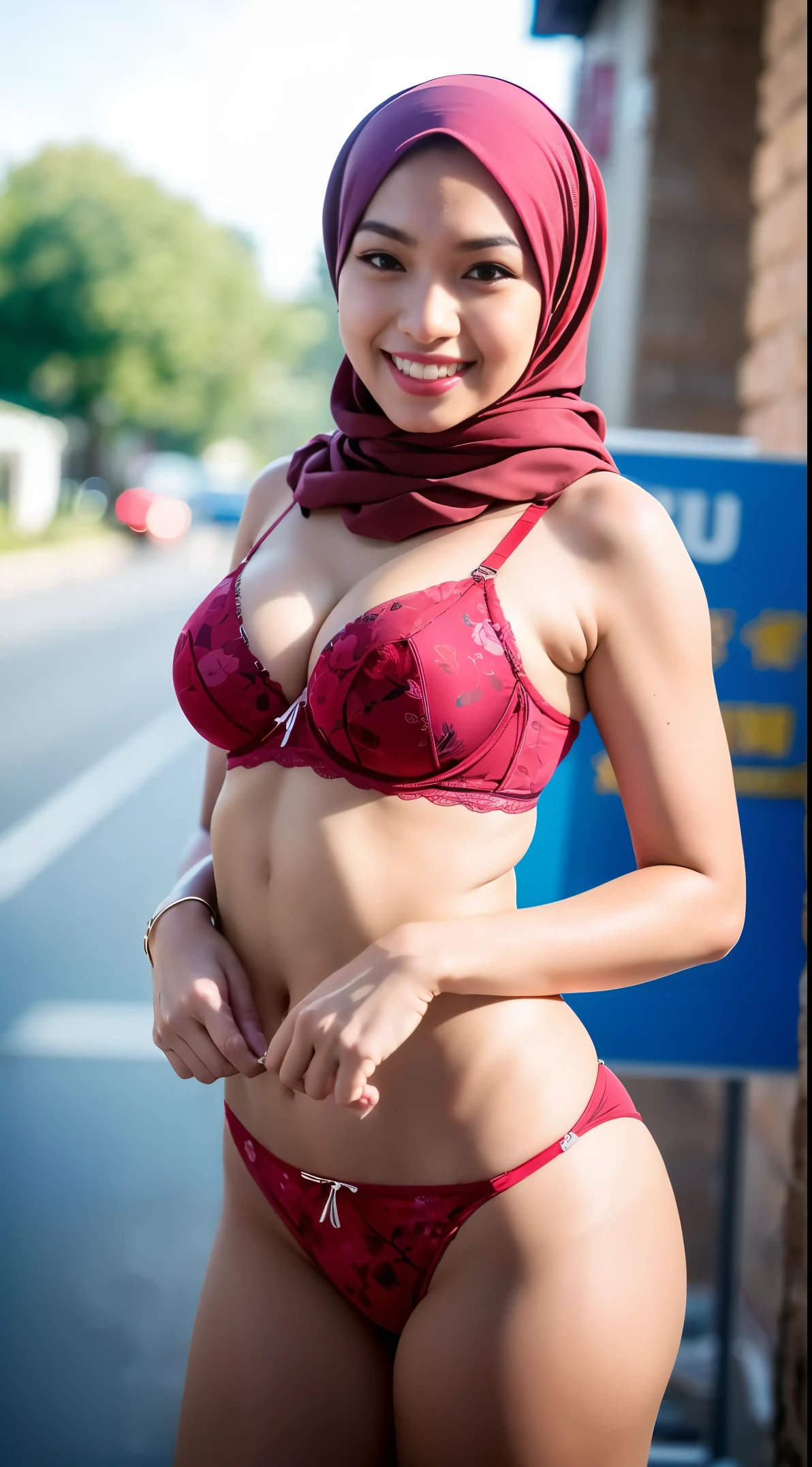 1 malay woman in hijab,(( light red floral pattern bra and panties)),(large buttocks),Emphasize ass,Smaller chest, laughing smile, (hijab flying), de pele branca,big breasts thin waist, egypt style street, Hyper-Realism, Cinematic lighting, depth of fields, From below, vanishing point, F/2.8, Anatomically correct, Textured skin, Super Detail, awardwinning, Best Quality, hight resolution, 8k,