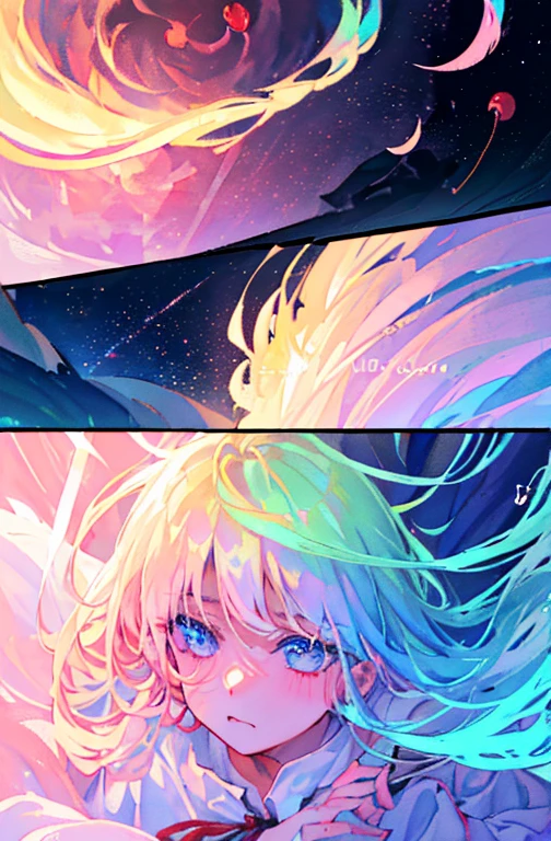 Cute as a dream、a pale, (masterpiece、top-quality、top-quality、watercolor paiting(Curly)、Take a cute cat、Official art、Beautifully Aesthetic:1.2)、(a beauty girl:1.atterns、Soap bubbles、Rainbow behind、clouds、colourfull、Hair spreads throughout、kawaii、pastels、Large ribbon、Lovely room、Wallpapers, poster, fruit, (several fresh cherries), moist, summer, blue sky, white clouds, HD Detail, Moist Watermark, Ultra Detail, Movie, Hyper Realism, Soft Light, Deep Focus Bokeh, Ray Tracing, --niji 5. crystal, fantasy, galaxy, transparent, shimmering, sparkling, splendid, colorful, magical photography, dramatic lighting, Ichika Nakano, short pink hair, blue eyes, nakano_ichika, collared white shirt slightly umbuttoned, Heart, iridescent, cute, crystal, love, blushing, sweet expression, blue sky, iridescent clouds, pastels, dark starry sky, neat lineart, cute, tender, lovely, cozy, sweet
