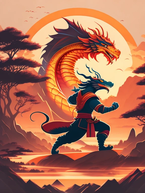 a dragon kungfu in a landscape, t-shirt design, rzminjourney, vector art