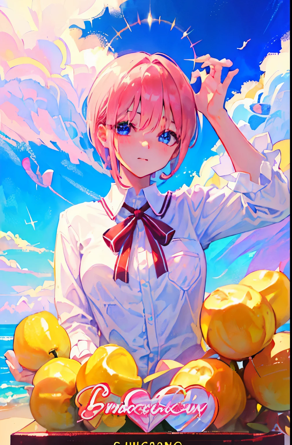 Cute as a dream、a pale, (masterpiece、top-quality、top-quality、watercolor paiting(Curly)、Take a cute cat、Official art、Beautifully Aesthetic:1.2)、(a beauty girl:1.atterns、Soap bubbles、Rainbow behind、clouds、colourfull、Hair spreads throughout、kawaii、pastels、Large ribbon、Lovely room、Wallpapers, poster, fruit, (several fresh cherries), moist, summer, blue sky, white clouds, HD Detail, Moist Watermark, Ultra Detail, Movie, Hyper Realism, Soft Light, Deep Focus Bokeh, Ray Tracing, --niji 5. crystal, fantasy, galaxy, transparent, shimmering, sparkling, splendid, colorful, magical photography, dramatic lighting, Ichika Nakano, short pink hair, blue eyes, nakano_ichika, collared white shirt slightly umbuttoned, Heart, iridescent, cute, crystal, love, blushing, sweet expression, blue sky, iridescent clouds, pastels, dark starry sky, neat lineart, cute, tender, lovely, cozy, sweet