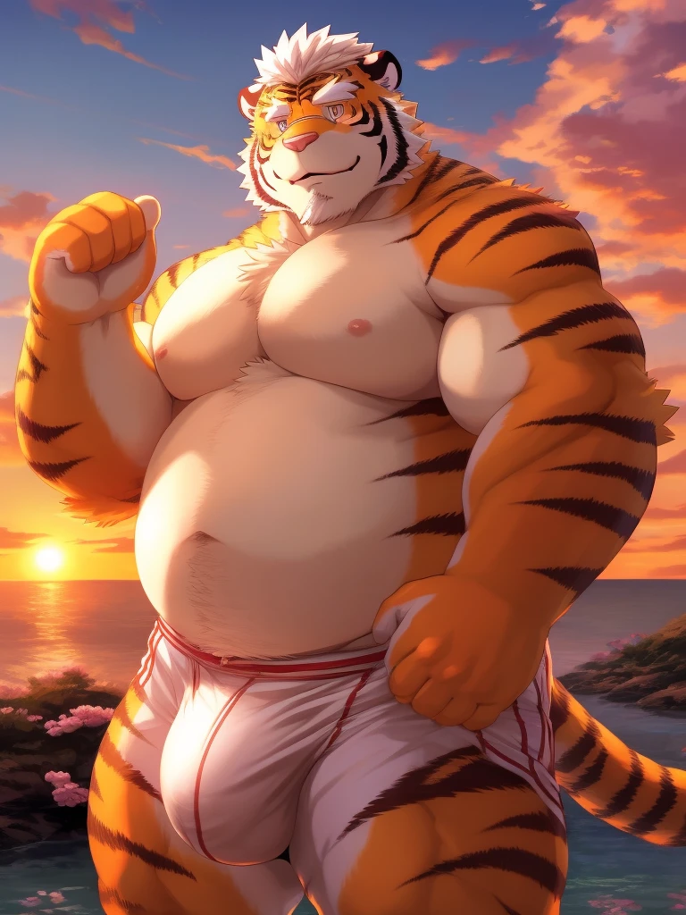 masterpiece, official art,beautiful scenery,anthro, kosutora, tiger , orange body, little chubby, big bulge, goatee, white hair, face, muscle,furry,male,anime,looking at viewer,chrysanthemum(flowers), sunset, Delicate eyes