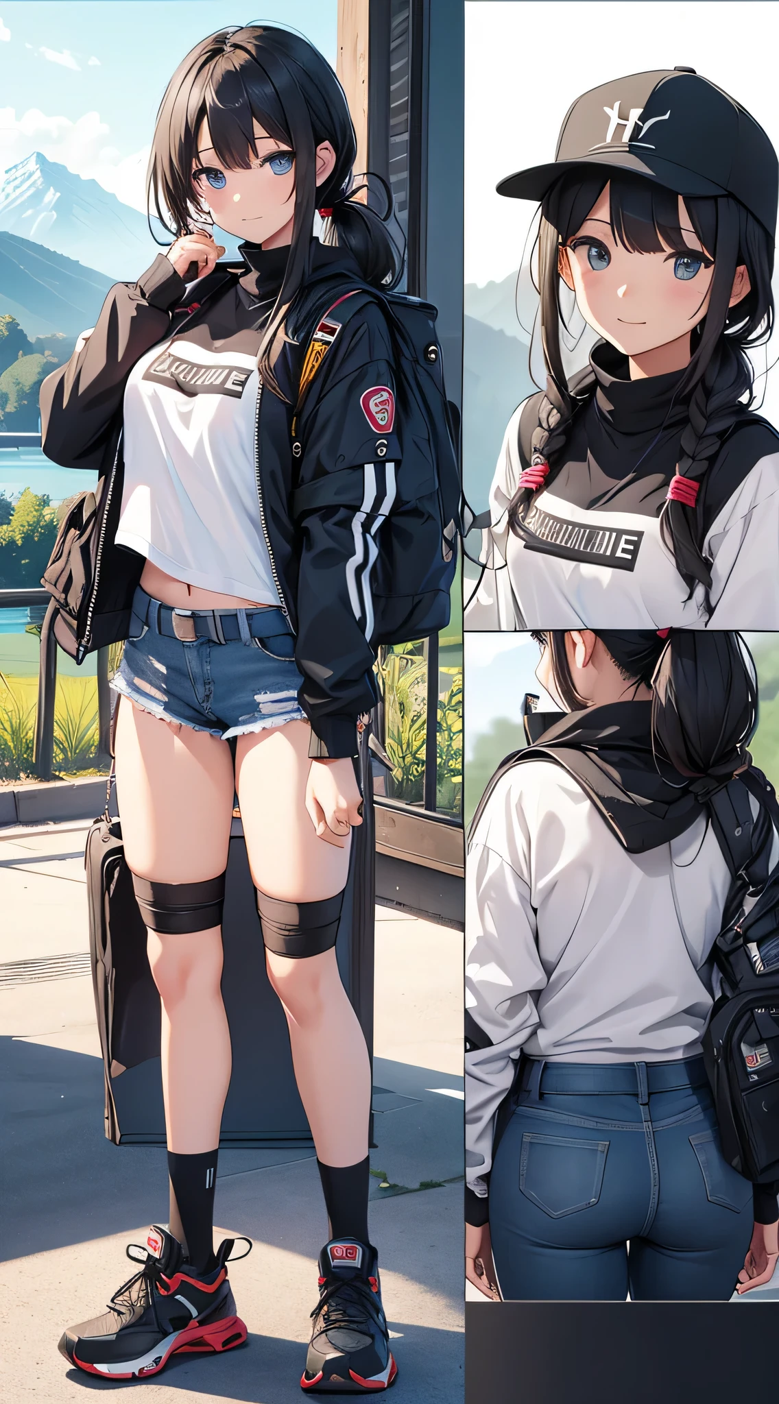 top-quality、Top image quality、masterpiece、s girl((18year old、 Ager、Best Bust、Medium bust,wide open breast tea、light blue eyerest, bionde、poneyTail、A slender,large volleyball rack jacket、black glove、white tank top military pants、rush light、Happy face、camping rucksack、blue military pants、Hu Sitting)),hiquality、Beautiful Art、Background with((Mountain road in the evening,CAMPING TENT))、masutepiece、depth of fields、movie、visualart、Perfect Art